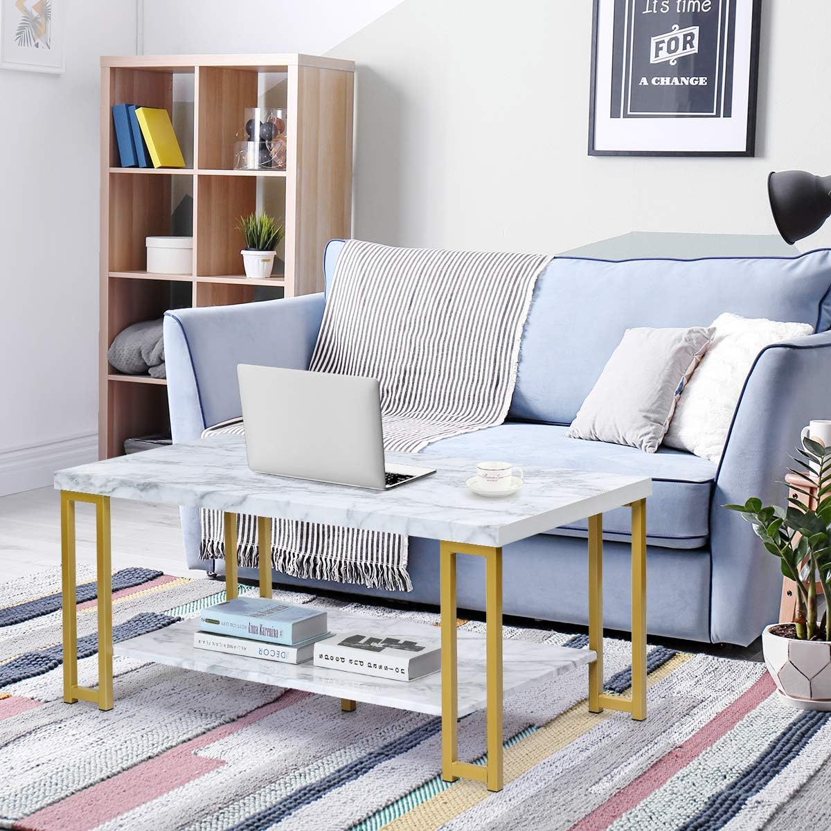 Giantex Coffee Table Rectangular, 2-Tier W/Gold Print Metal Frame and Hollow Metal Legs, Upgraded Water Resistant Version for Living Room Accent Furniture Beside Sofa Cocktail Table