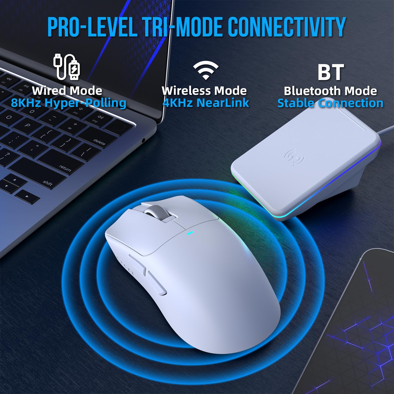 A.JAZZ AJ200P NL Ultra Ratón Gaming Inalámbrico IA, PAW3950 y Base de Carga | Tri-Modo 8K Cable/4K NearLink 2.4G/BT, Mecanografía e IA Coach, 50-42000 DPI, 100M Clics, 65g Superligero Ergonómico - Blanco