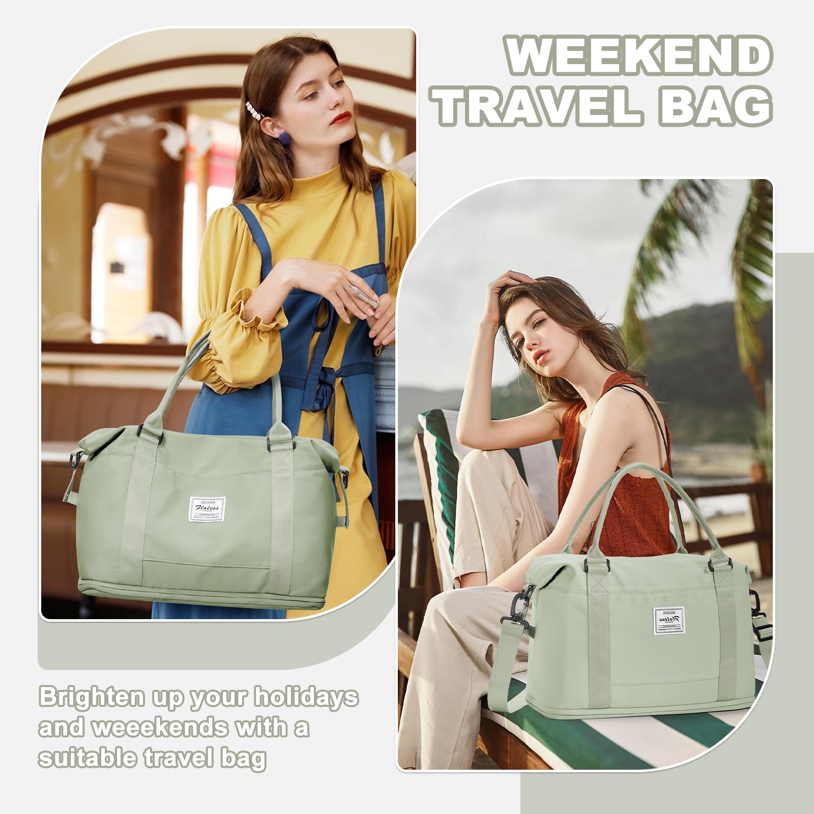 WEPLAN Borsone da Viaggio Donna 40x20x25 Ryanair Borsa da Viaggio Aereo Bagaglio a Mano Borsone Palestra Donna Weekend Ospedale Borsa Sportiva Piscina con Scomparto per le Scarpe,Bianco Verde