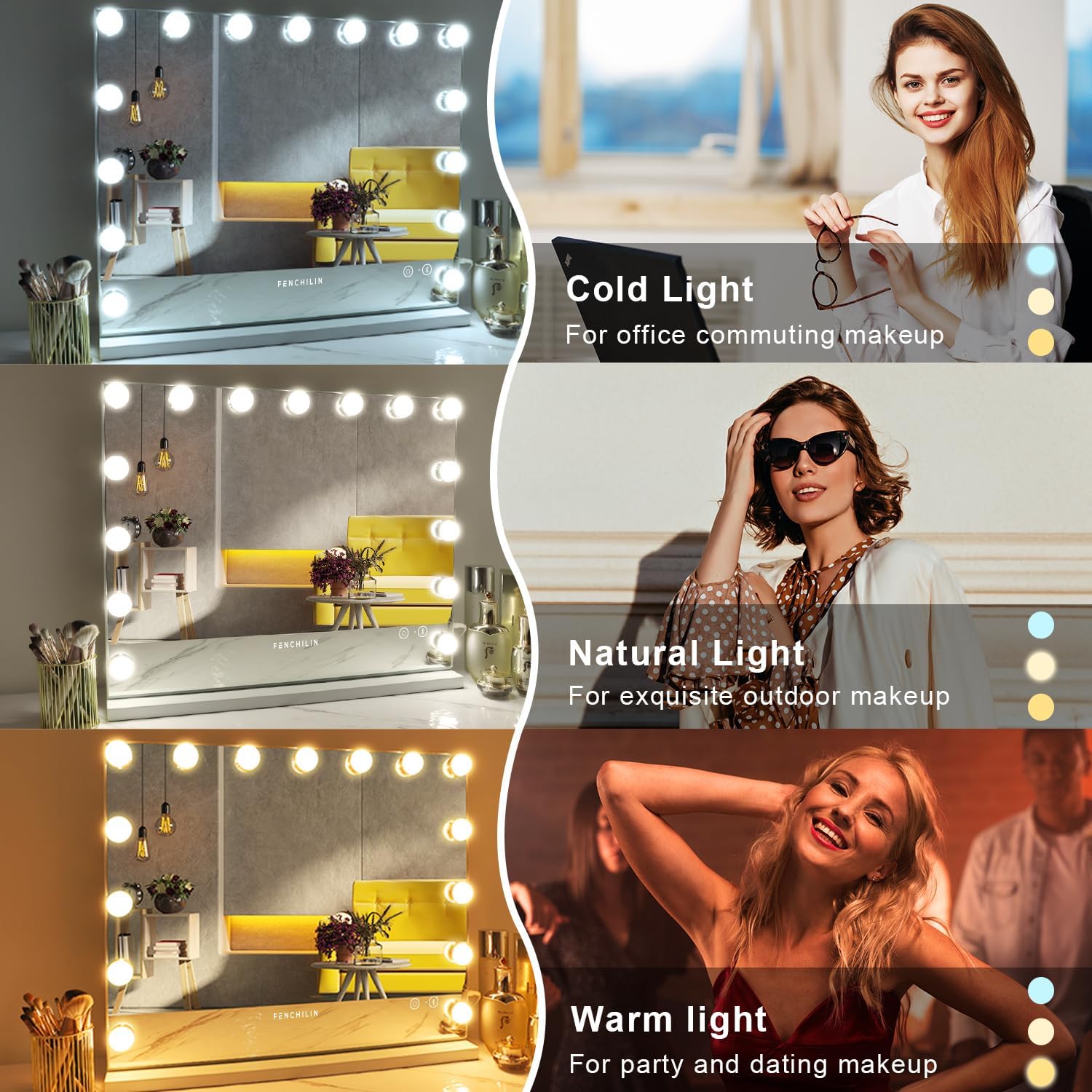 FENCHILIN Vanity Mirror with Lights and Bluetooth Speaker 22.8x 18.1 Makeup Mirror Lighted Hollywood Mirror with 15 Dimmable LED Bulbs USB Charge Port, 3 Color Lighting Modes