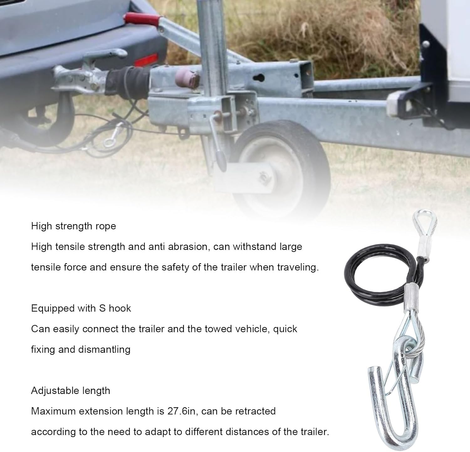 Trailer Safety Towing Cable with S Hook 3500lbs Load Bearing 27.6in Maximum Extension Length Spring Towing Rope for RV (with One S Hook) - Image 3