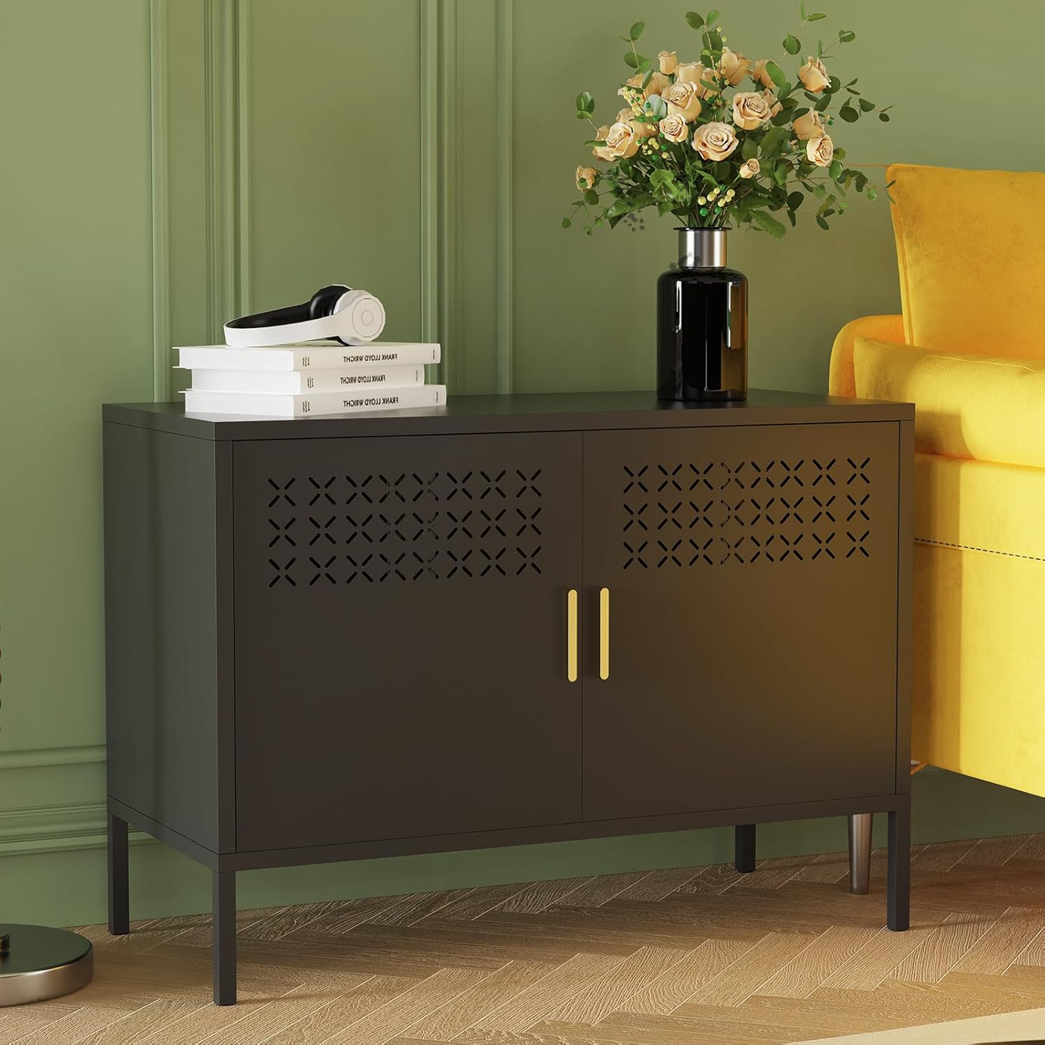 Storage Cabinet, Metal Accent Locker Storage Cabinet with 2 Doors, Magnetic Closure, Adjustable Shelf, Tv Stands & Metal Nightstand for Living Room, Entryway and Home - Black