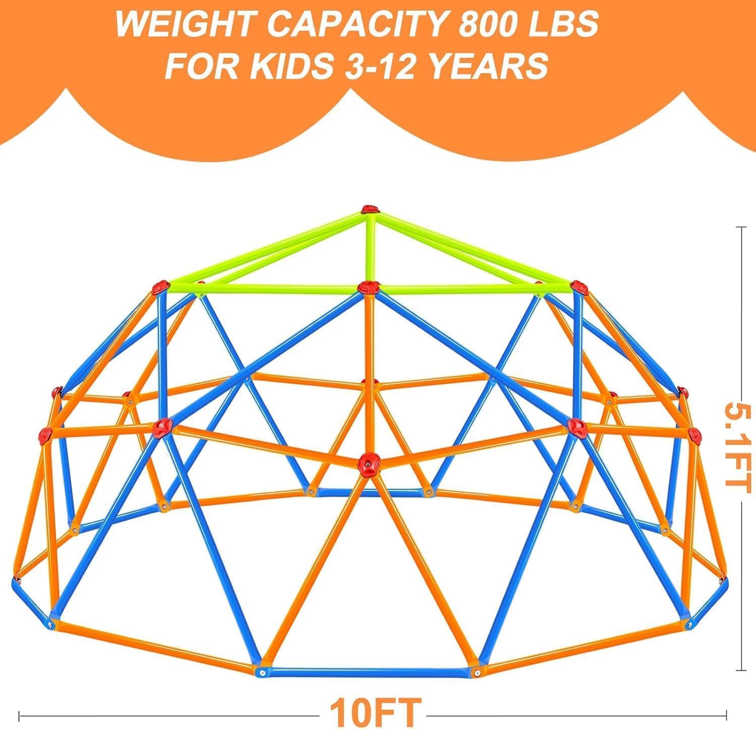 10FT Climbing Dome, Outdoor Jungle Gym for Kids 3-8, Anti-Rust Metal Geometric Dome Climber Supporting 800 Lbs Outdoor Playset and Play Equipment.