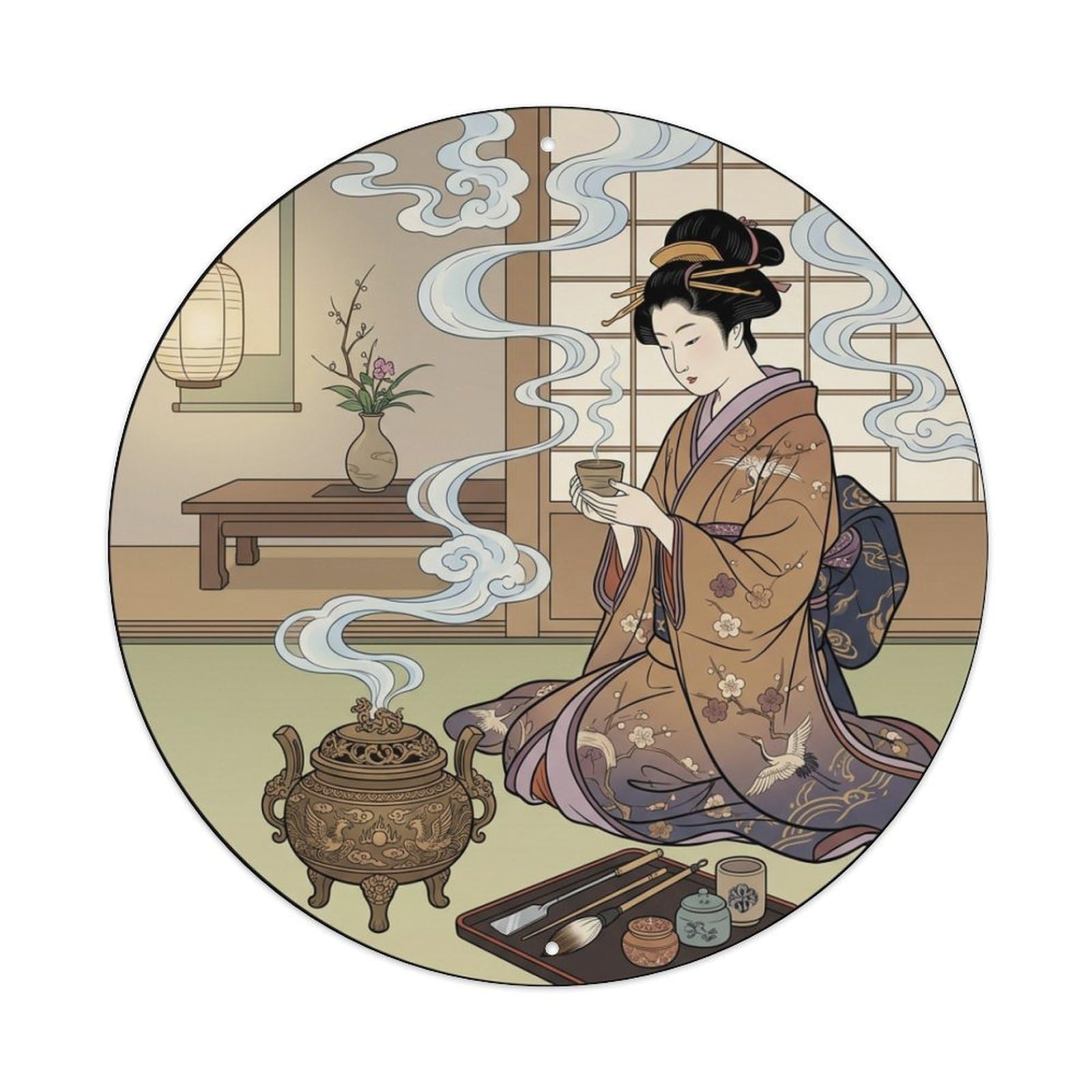 Galvaxio Style Japanese Kimono Woman Incense Ceremony Fragrant Ritual Metal Tin Sign