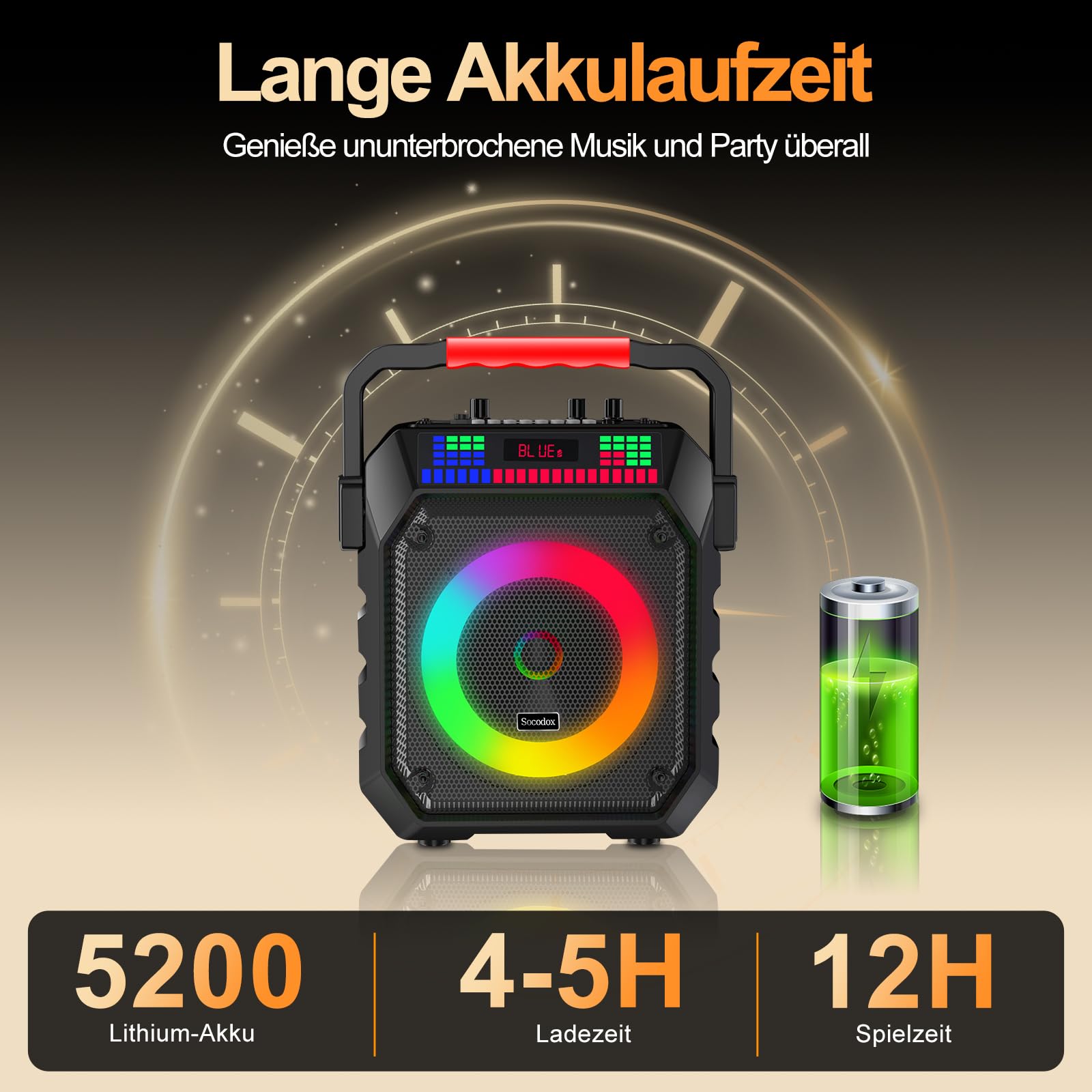 Karaoke Box mit 2 Mikrofonen für Erwachsene & Kinder | 5200mAh Akku für 12h Laufzeit, Echo, RGB-Lichter, Bluetooth, USB/TF-Aufnahme, Mic-Eingang – leichtes 2kg Party-Soundsystem