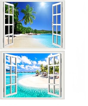 2pcs 3D Self-Adhesive Painting Fake Window Wall Stickers Tropical Island with Palm Trees Wall Mural Window View Wall Decor for Home Palm Beach 2, 17.3"27.6"