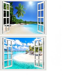 2pcs 3D Self-Adhesive Painting Fake Window Wall Stickers Tropical Island with Palm Trees Wall Mural Window View Wall Decor for Home (Palm Beach 2, 17.3"×27.6")
