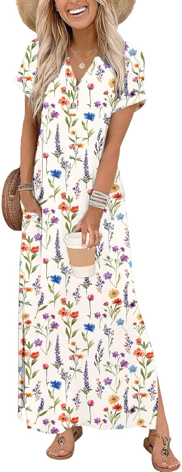 Zeagoo Summer Dresses for Women 2026 Maxi Dresses Vacation Sundress Short Sleeve Casual Sundresses Split Dress with Pockets