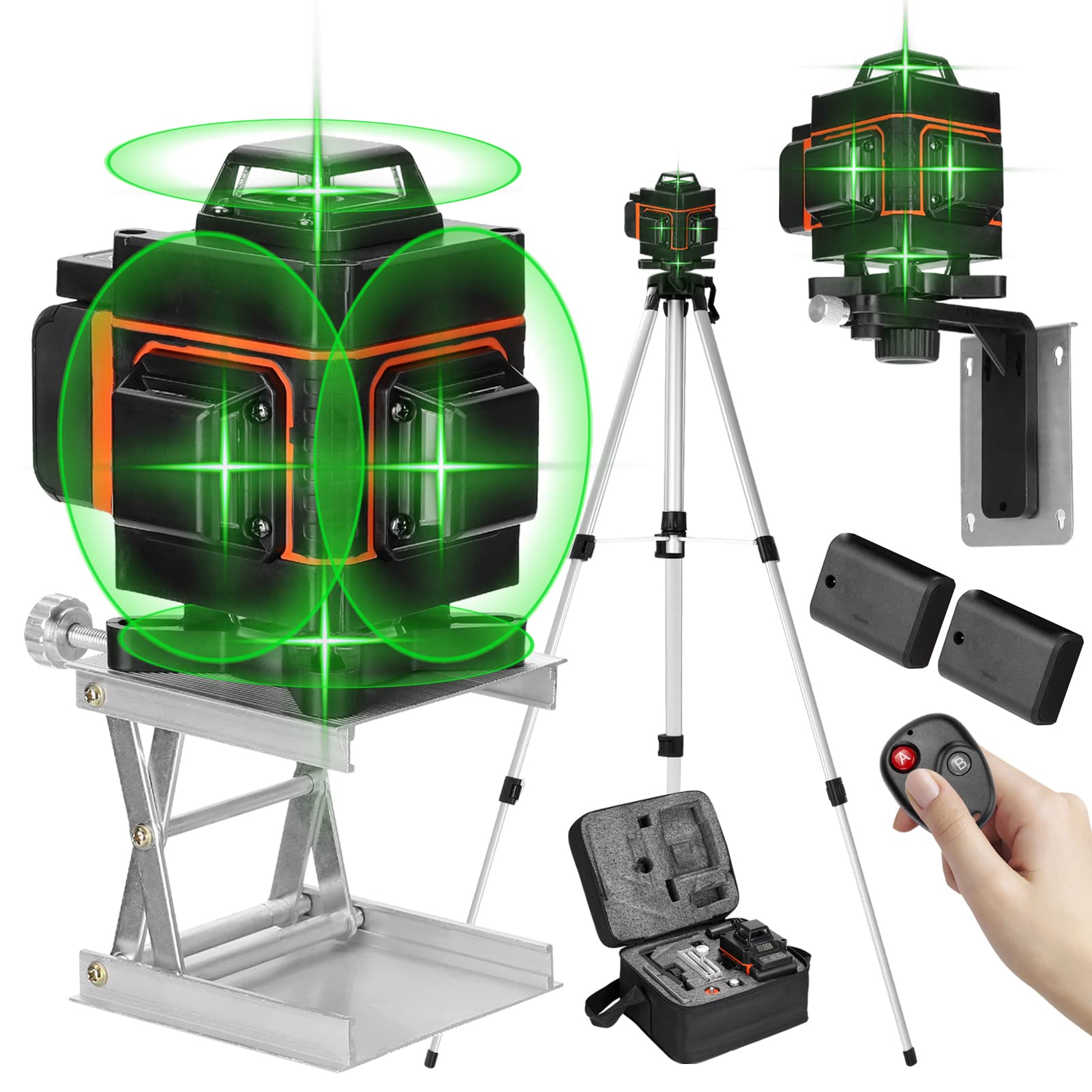 Livella Laser,Geevorks Multifunzionale 4D 16 Linee Strumento di Livellamento Linea Verticale Orizzontale con Funzione di Autolivellamento con 1.5M Regolabile Barra di Prolunga in Lega,IP54,2 batterie