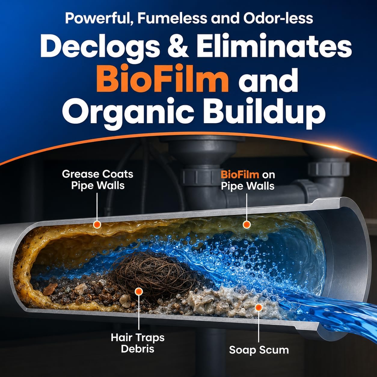 Liquiflo Commercial Drain Opener & Cleaner, Eliminates BioFilm & Odor, Fumeless & Odor-Free, Declogs Hair, Grease & Organic Buildup, Alkaline Based Safe for All Piping