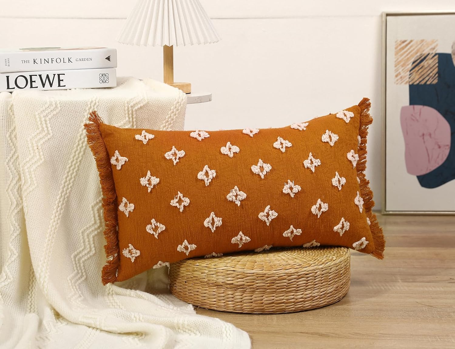 Boho Long Lumbar Pillow Cover 16x24 with Tassel,3D Flower Patterned Cotton Decorative Long Lumbar Pillow Cover Pillow Case for Sofa Couch Bed Livingroom Farmhouse,Rust Red