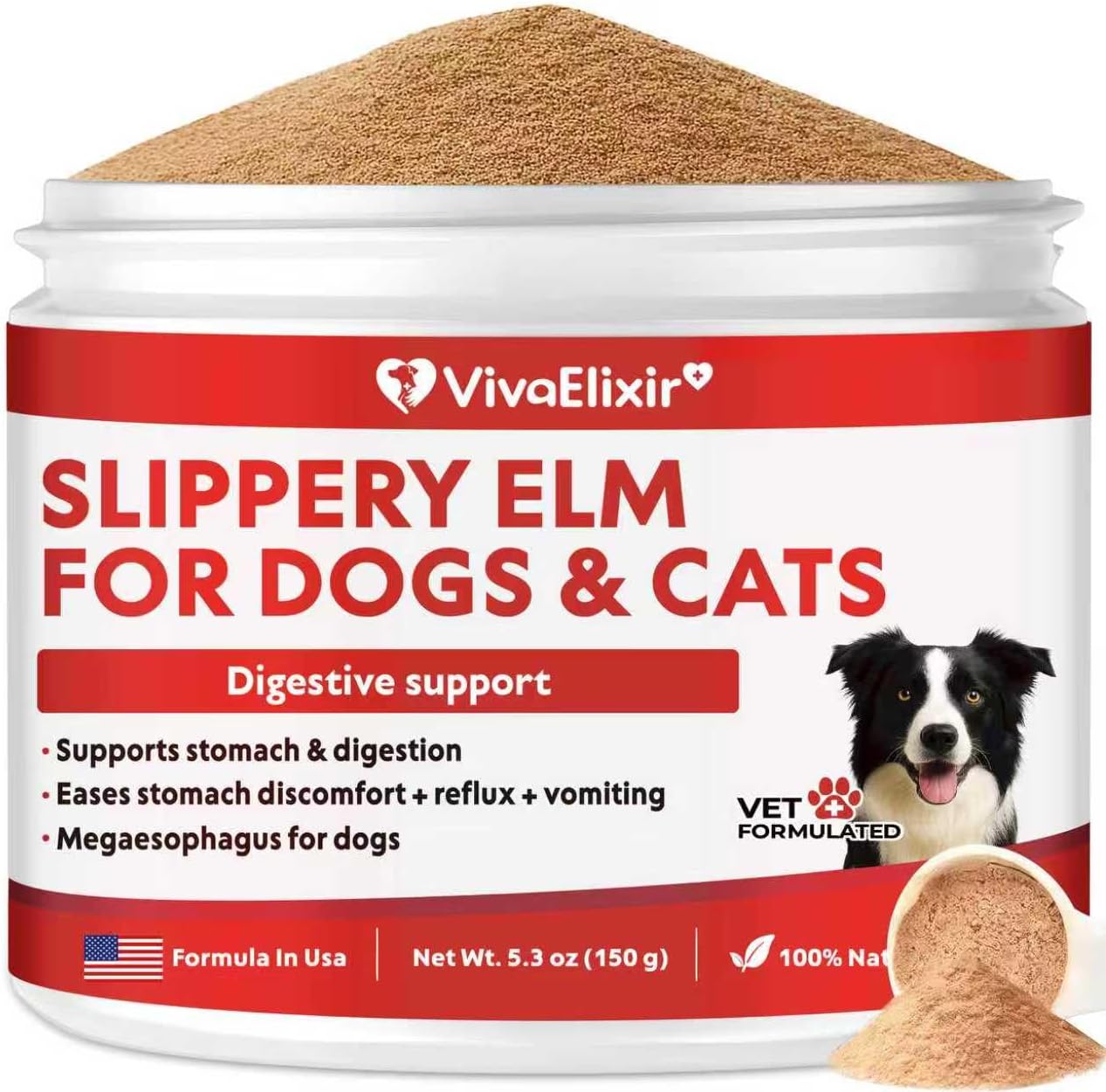 Slippery Elm for Dogs – Megaesophagus Dog Aid – Vet-Formulated Organic Slippery Elm Bark Powder – Cat Digestive Support – Relief for Constant Upset Stomach, Acid Reflux, Throwing Up – 5.3 oz