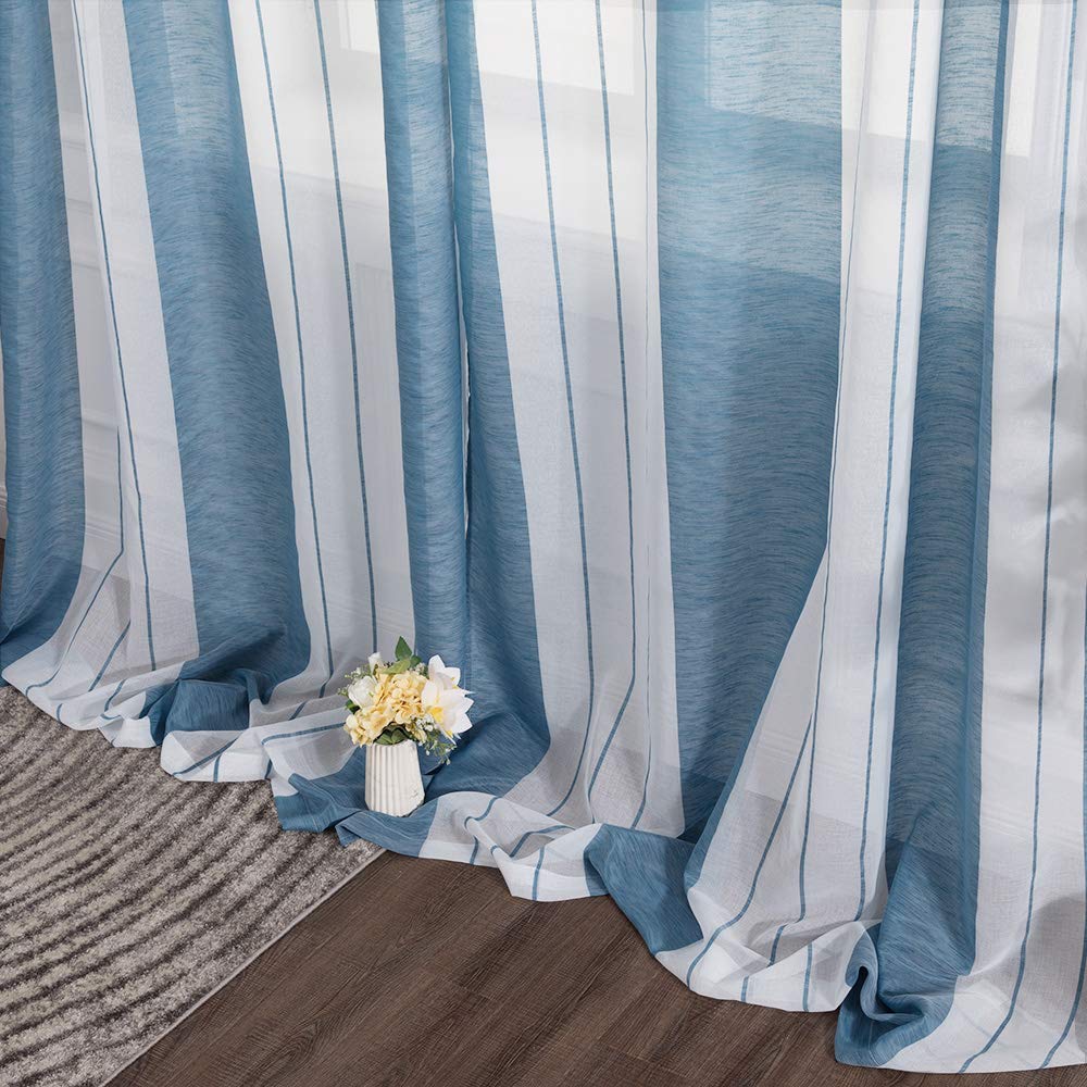 MIULEE Tende a Righe per Interni, Tende Trasparenti in Voile Tende Camera da Letto, Tenda Salotto Moderne con Anelli, Tenda a Pannello da Interno Finestra a Righe Bianche e Blu Denim, 2x 140x245 CM
