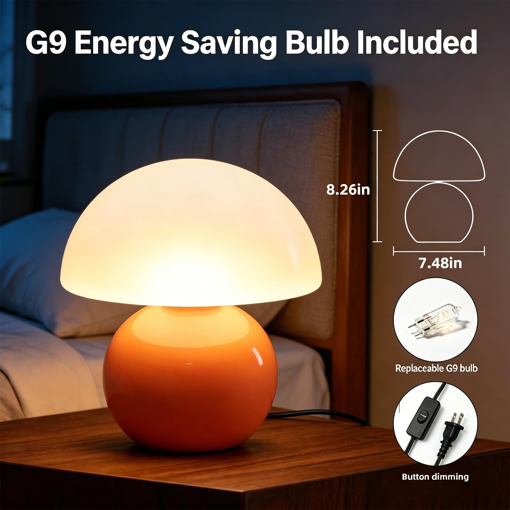 Led Dimmbar Tischleuchte Deko Wohnzimmer, Nachttischlampe Tischlampe, Schlafzimmer Tischlampen, Mushroom Bedside Table Lamp, Keramikbasis Glas Klein Nachtlampe (Orange)