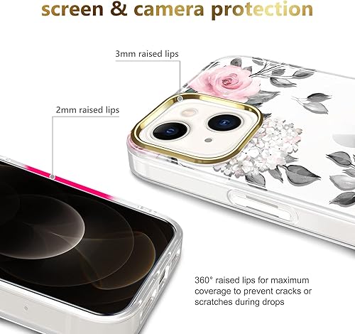 Miniatura 3 de JAHOLAN Funda transparente para iPhone 13 Mini con flores, para niñas y mujeres, a prueba de golpes, con purpurina y patrón floral, funda rígida