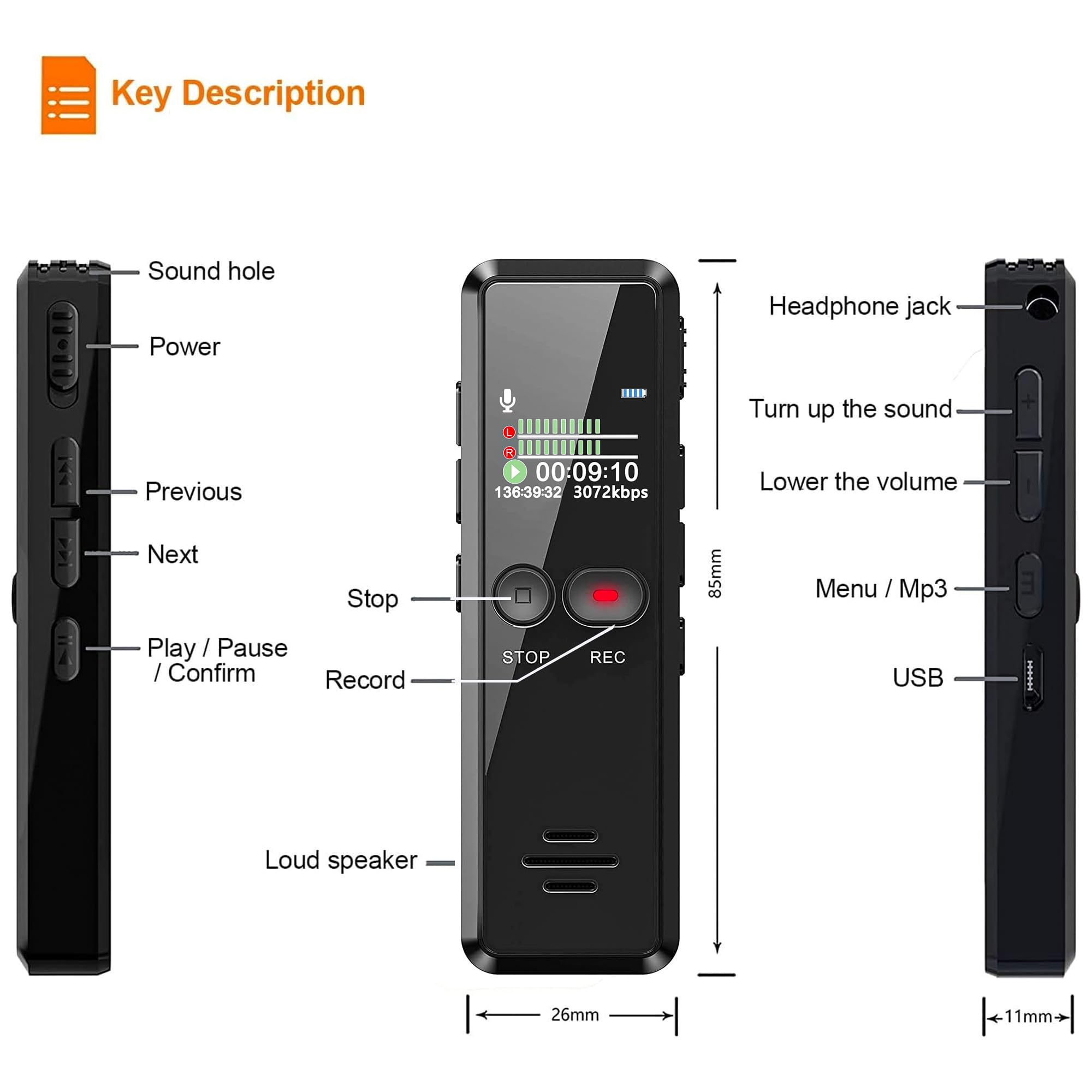 Grabadora de Voz Digital, Grabadora Audio con Una Tecla Mejorada,8G 1536 Kbps HD Grabadora de Sonido con Reproductor de MP3,USB Recargables para Conferencias Reuniones Entrevistas (64, GB)