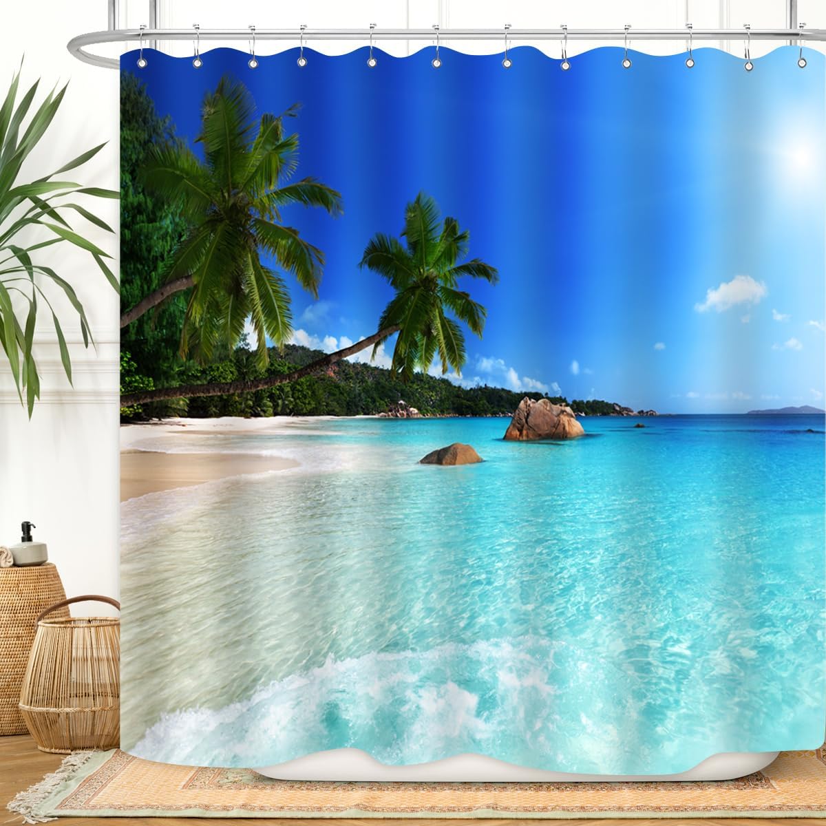 ZXMBF Ocean Beach Shower Curtain Blue Sky Sea Tropical Palm