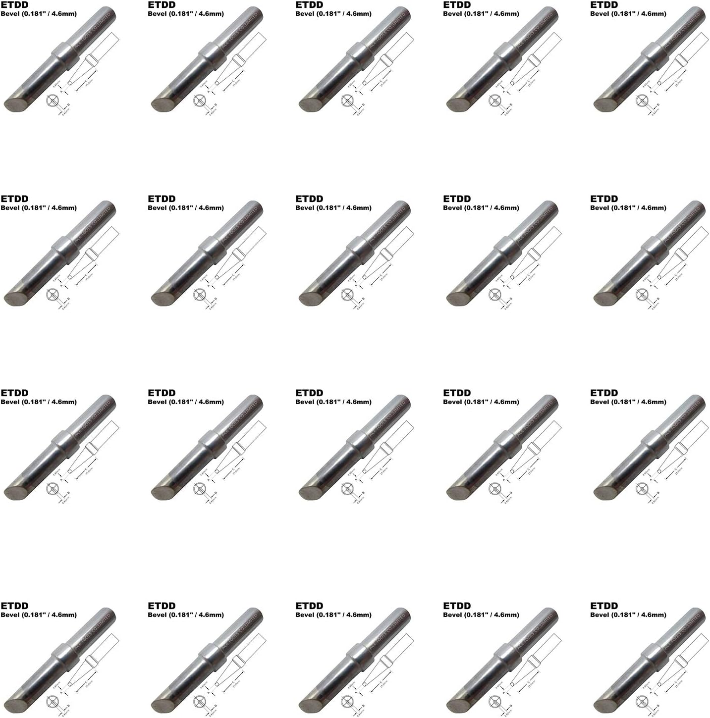 ETDD Bevel Single Flat Soldering Tip 0.181" / 4.6mm for WESD50 WES50 WESD51 WES51 PES50 LR20 PES51 LR21 WE1010NA (WE1010EU WE1010EDU) WE1010 WECP ACE Brand Solder Iron Handle Tips (20)