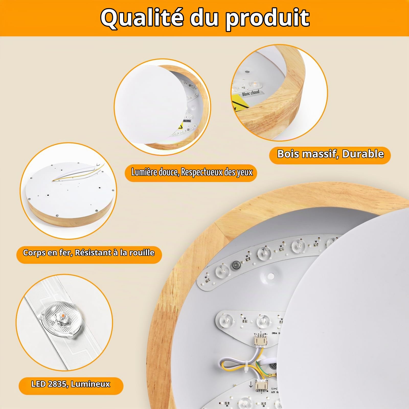 Plafonnier LED Bois Naturel Design Nordique ∅30cm, Blanc Chaud 2pack
