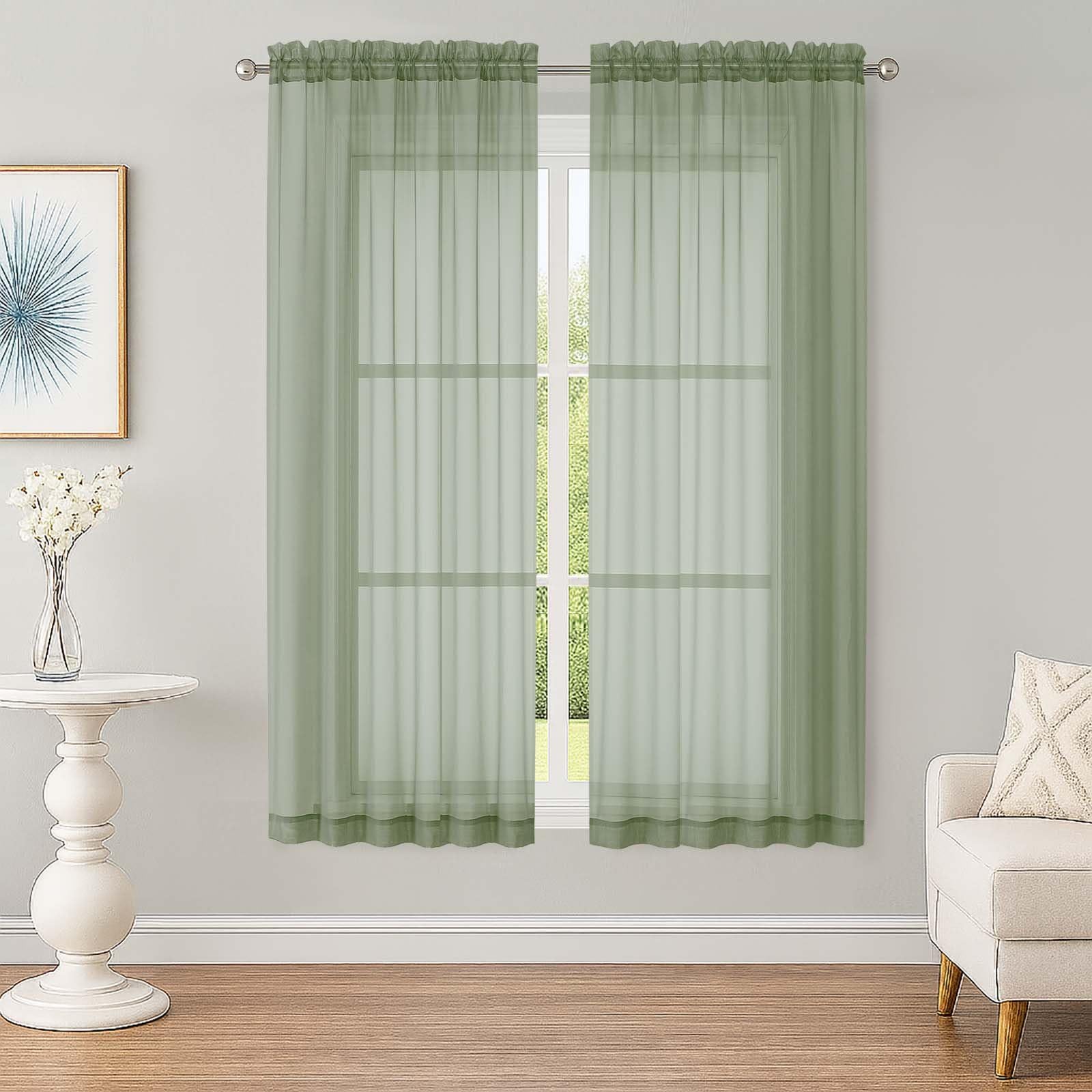 OWENIE Sage Green Sheer Curtains 63 inch Length 2 Panels Set, Rod Pocket Voile Fimly Sheer Drapes for Living Room/Bedroom, 2pcs, Each 52" W x 63" L