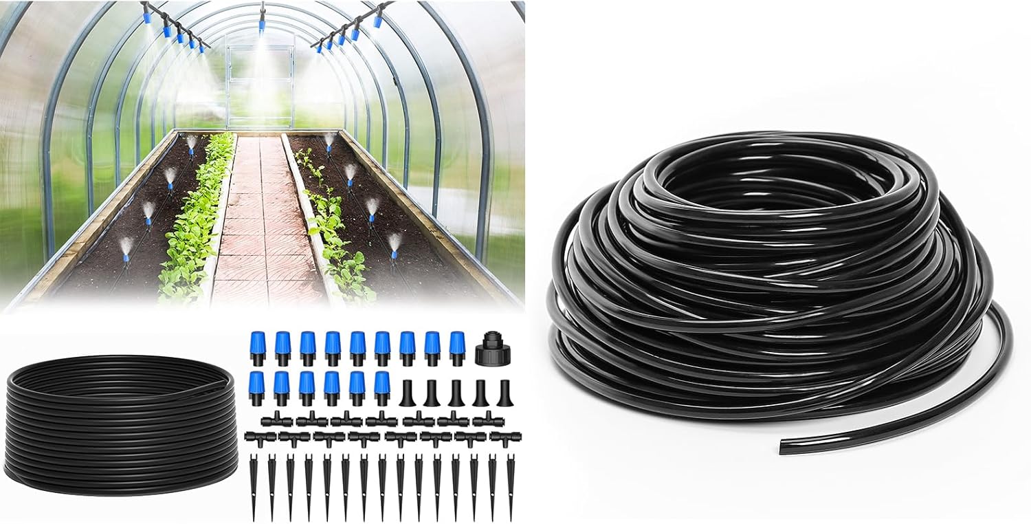 The Bundle of MIXC 100FT 1/4 Inch Distribution Tubing Black and MIXC 65FT Greenhouse Watering System- Quick Efficient Connector Hanging Plant Watering System