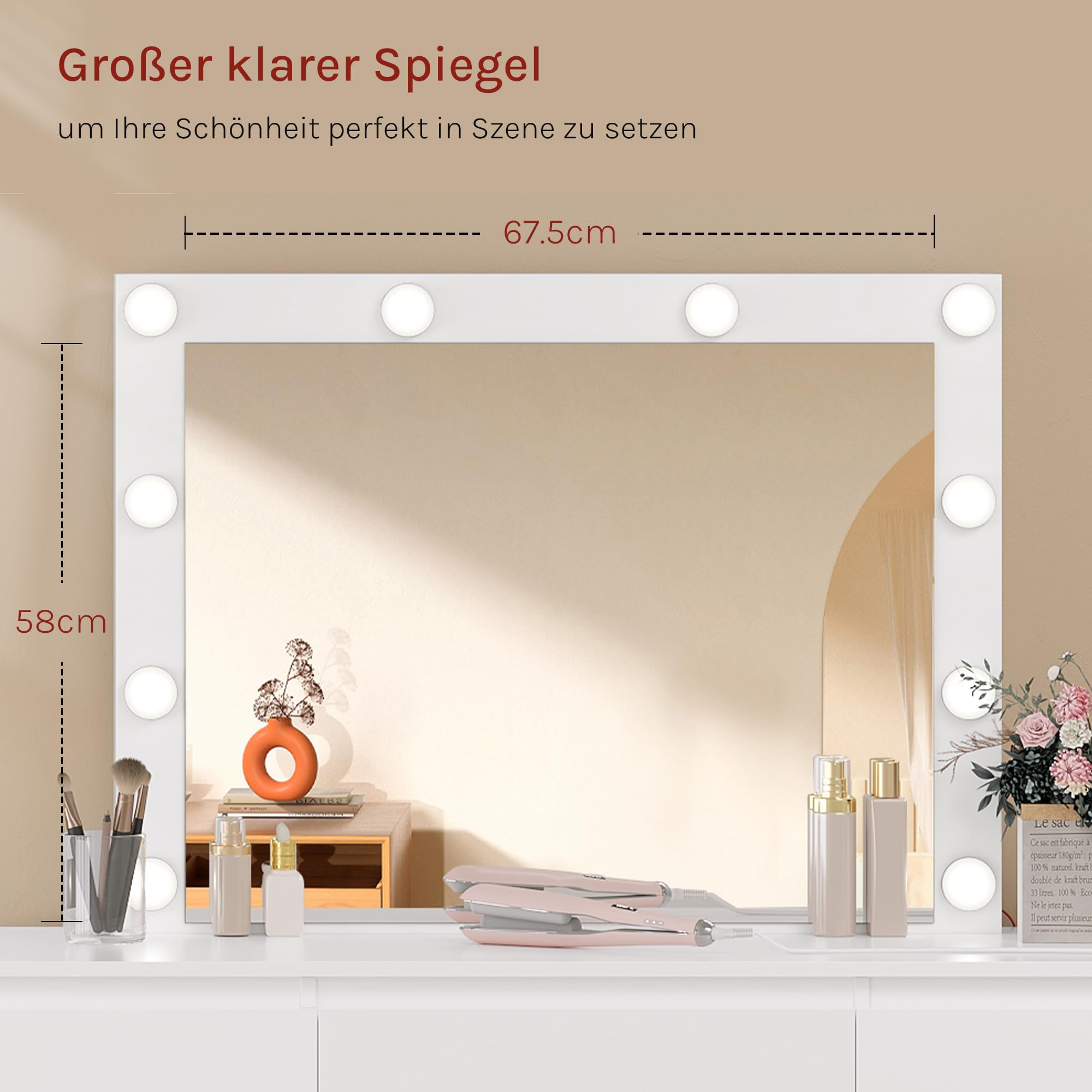 WOLTU Schminktisch mit Beleuchtung Hollywood und Steckdose, einstellbare Helligkeit, Schminktisch mit Spiegel LED, Kosmetiktisch mit 7 Schubladen, 110x140,5x39,5 cm, für Schlafzimmer, Weiß