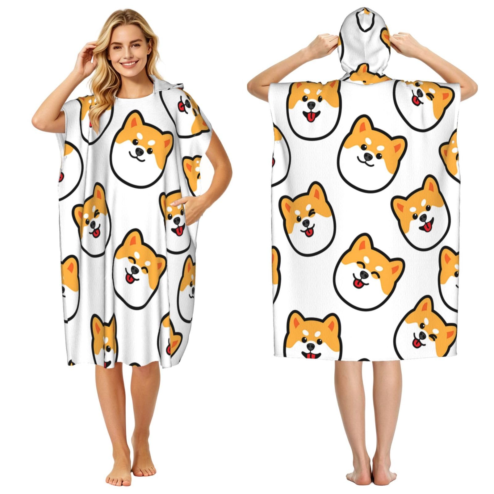 Poadnly Shiba Inu Face, Adult Hooded Beach Towel 90 x 110 cm,Changing Bath Robe, Surf Poncho Towel For Women Men
