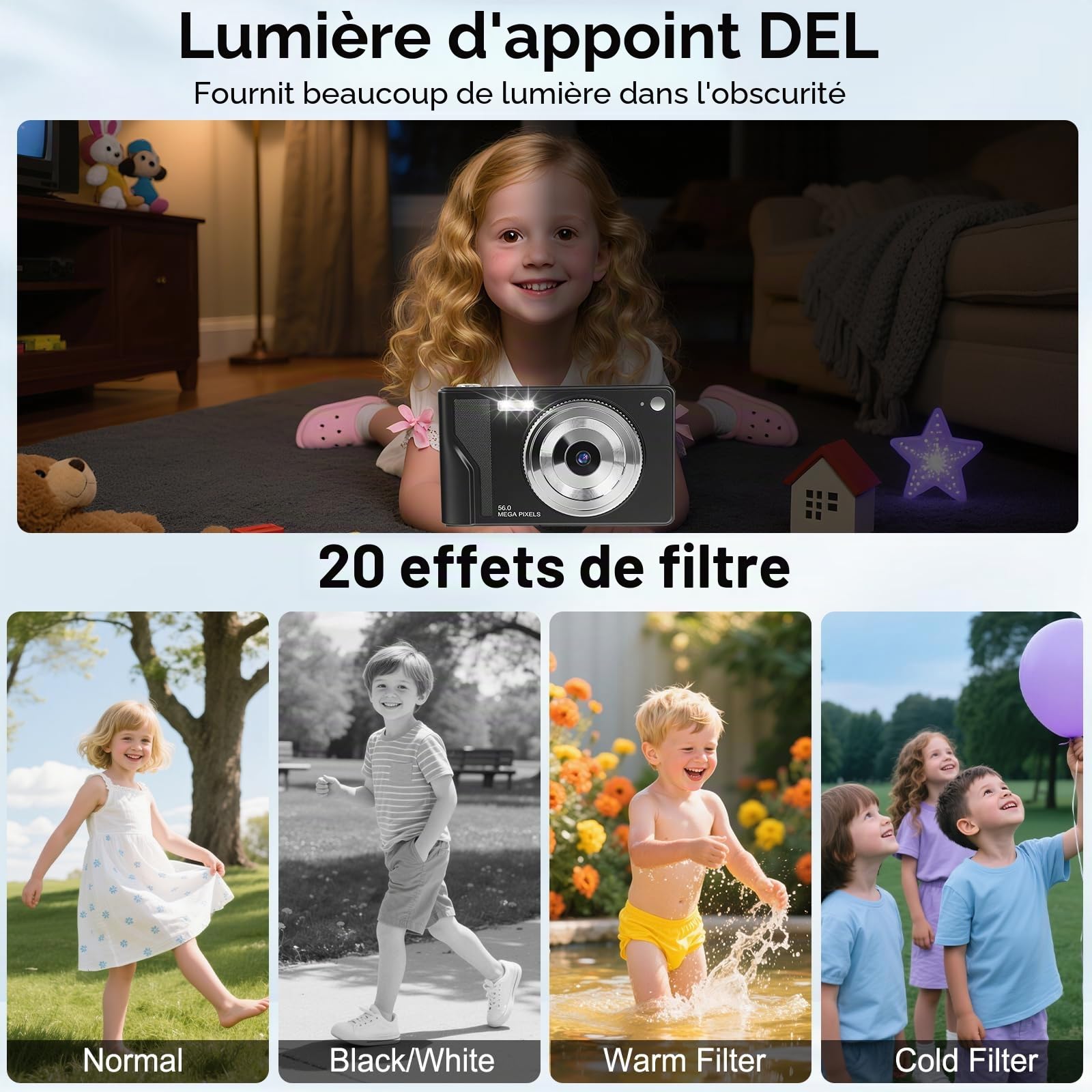 Appareil Photo Numérique 56MP 1080P FHD avec Autofocus, Zoom Numérique 16X, Écran LCD 2,8", Carte SD 32GB & 2 Batteries - Compact et Léger Idéal pour Enfants, Débutants et Voyages (Noir-1)