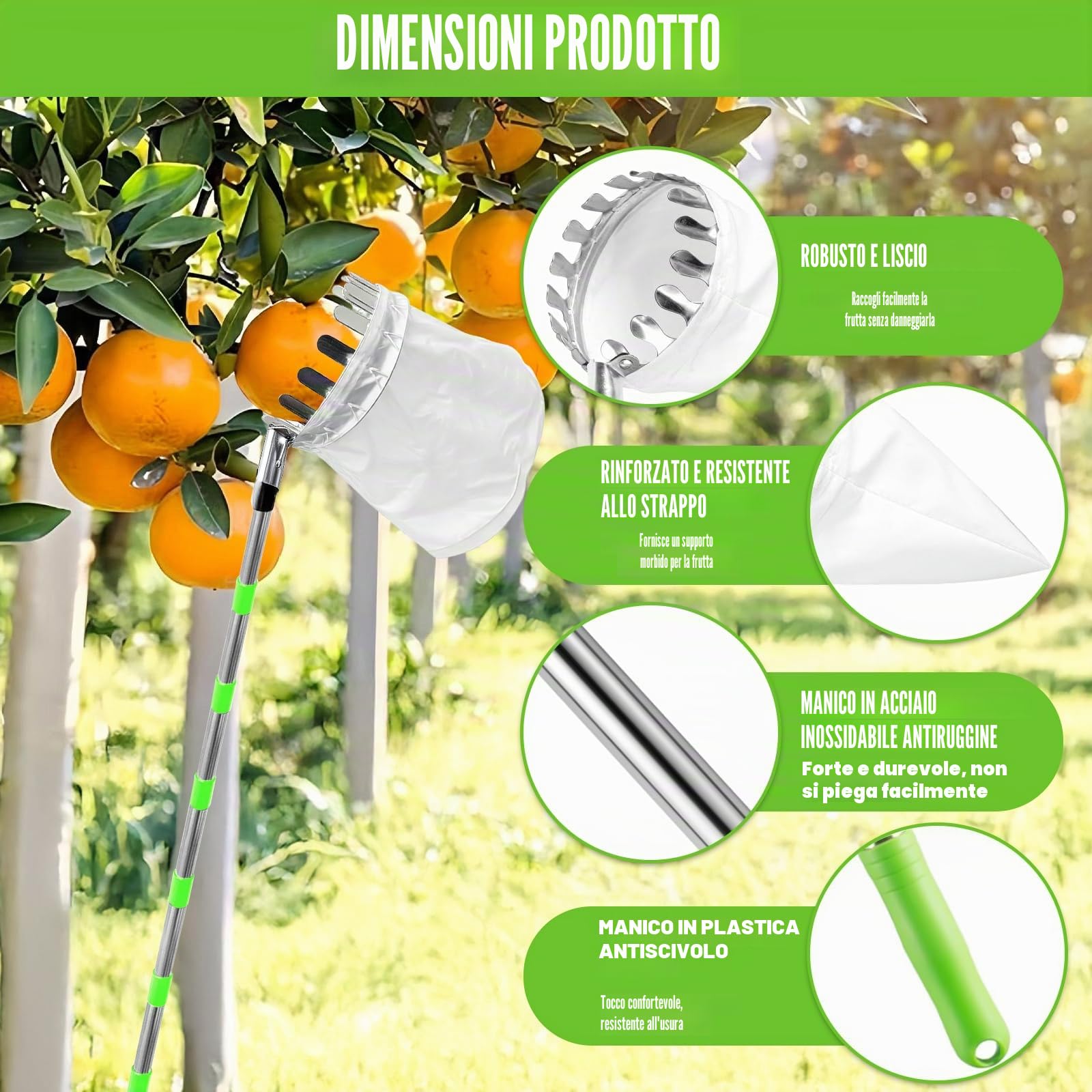 Raccogli Frutta Telescopico, Raccogli Frutta Con Palo in Acciaio Inox Leggero, Raccoglifrutta Regolabile Con Borsa in Cotone, Per Limoni Mele Pere Arance