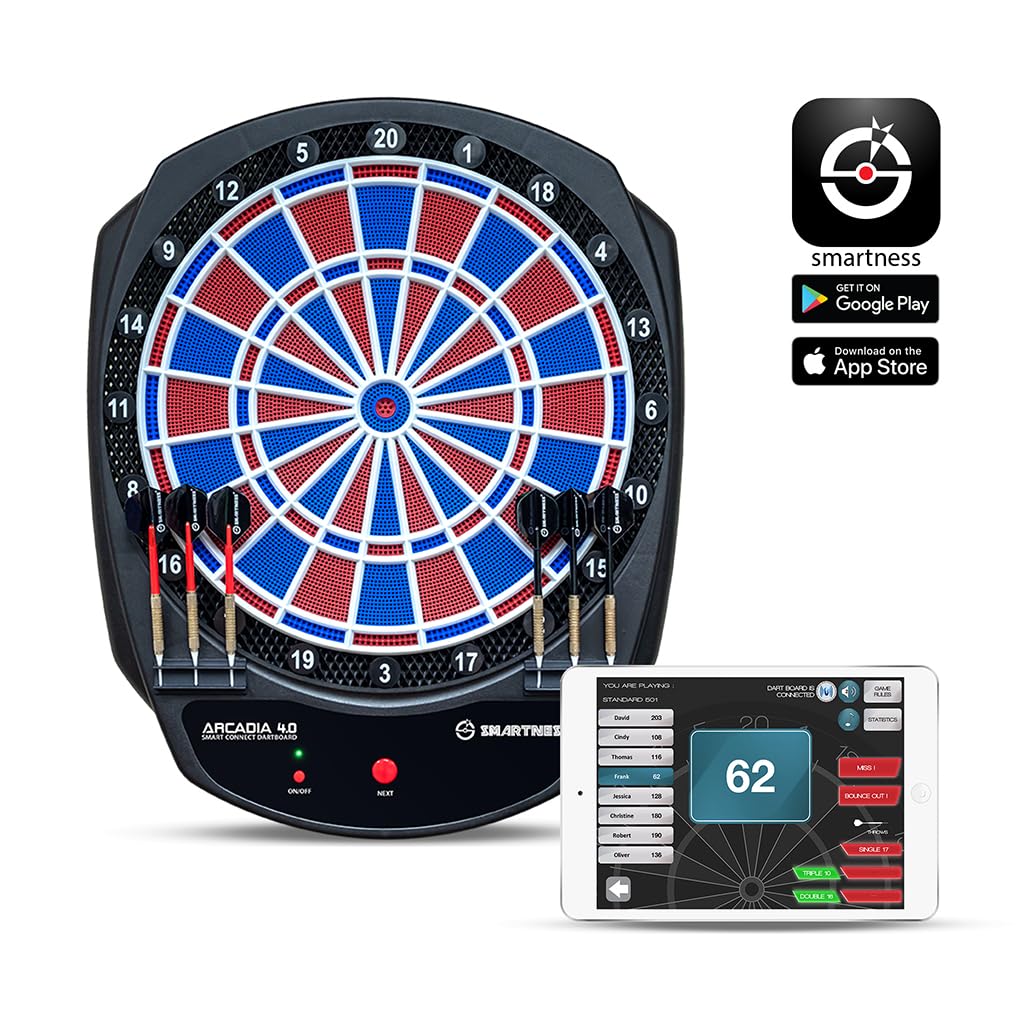 Carromco Smartness Arcadia 4.0 - Diana electrónica Profesional con aplicación, Rojo-Azul, para 1-8 Jugadores, Dardos Blandos, Cable USB, 17 Juegos y 312 Variantes (Incluido el críquet)