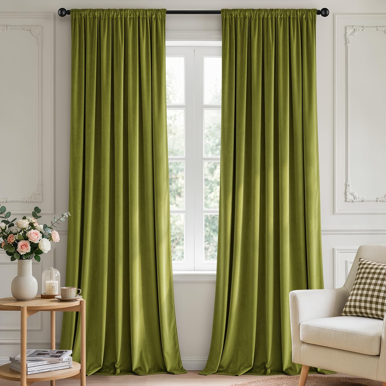 MIULEE Moss Green Blackout Velvet Curtains Drapes 96 Inch Long 52"x96"
