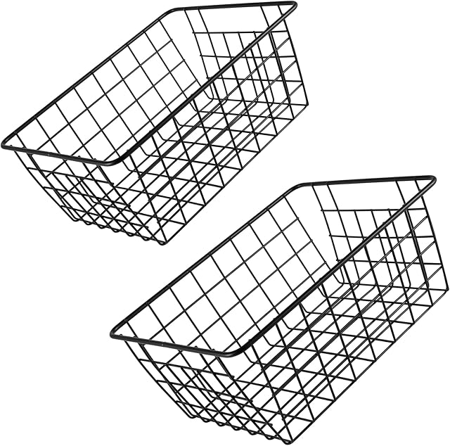 KOHAND 2 Pack 11 x 8.5 x 2.7 Inch Black Wire Storage Baskets, Metal Iron Storage Bin, Wire Freezer Organizer Bin, Small Pantry Baskets for Food, Snacks, Drinks, Fruits