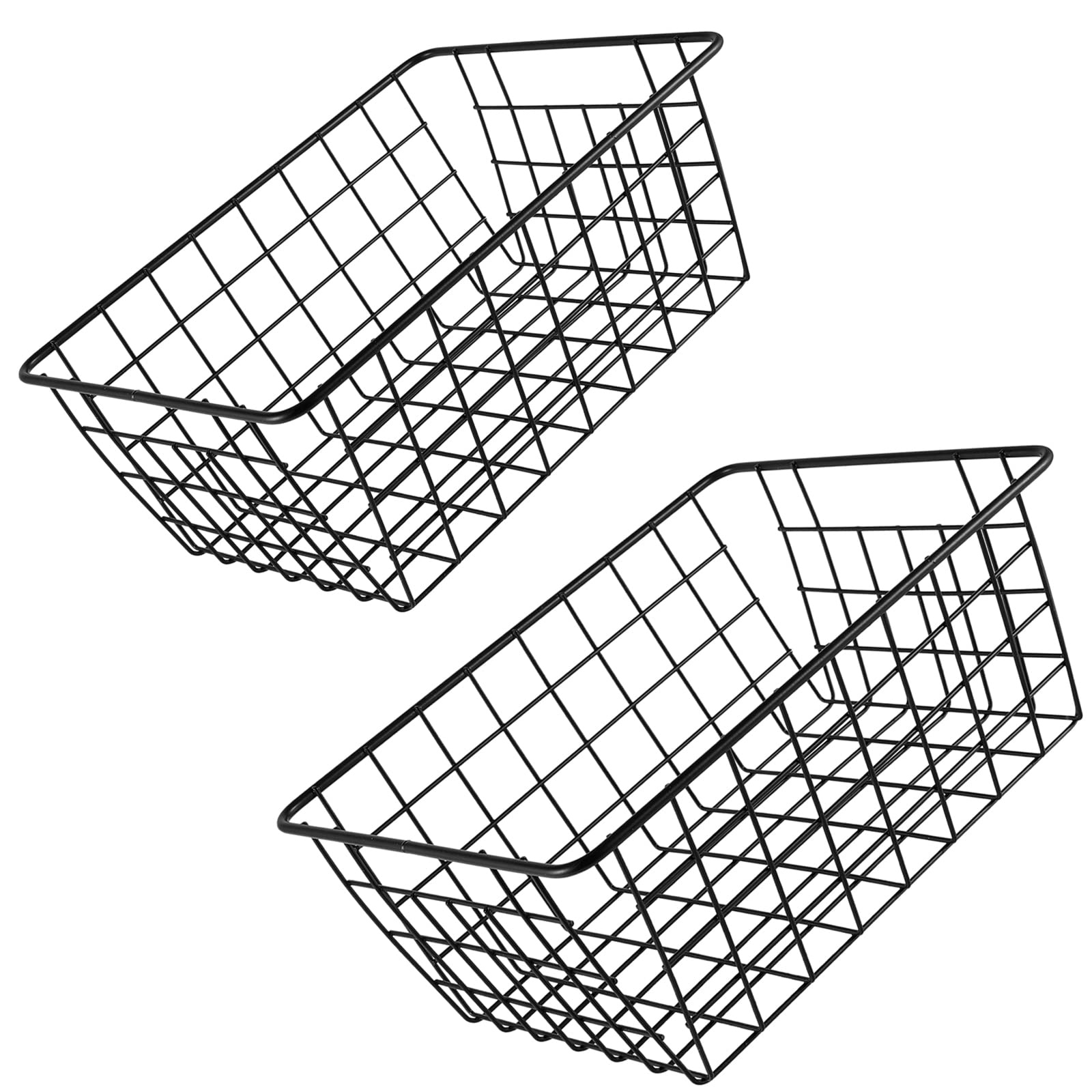 2 Pack 28 x 22 x 12 CM Black Wire Storage Baskets, Metal Iron Storage Bin, Wire Freezer Organizer Bin, Small Pantry Baskets for Food, Snacks, Drinks, Fruits