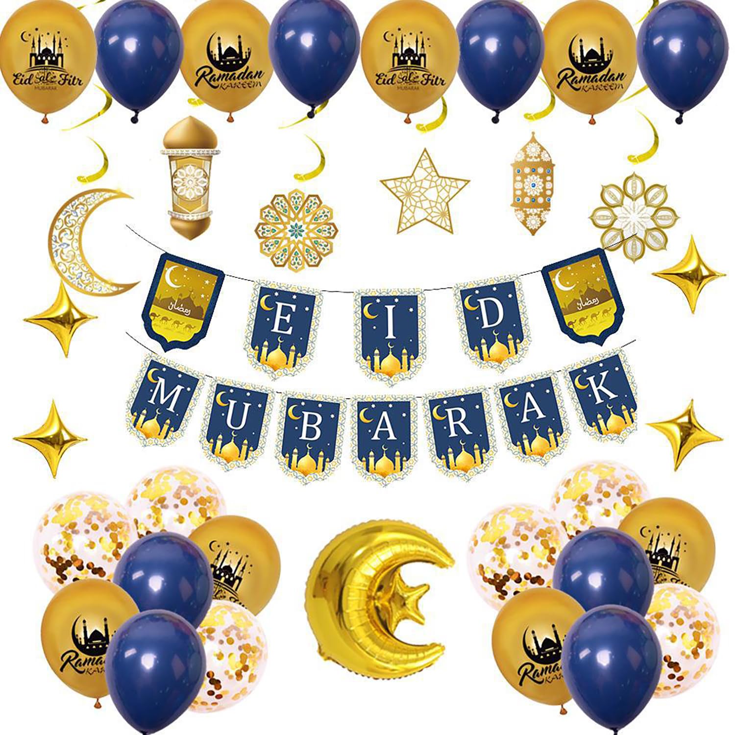 Eid Mubarak Balloons Decoration Set Eid Mubarak Hanging Banner Eid Balloons Gold Balloons and Eid Foil Balloon Star and Moon Garland for Eid Mubarak Ramadan Celebration