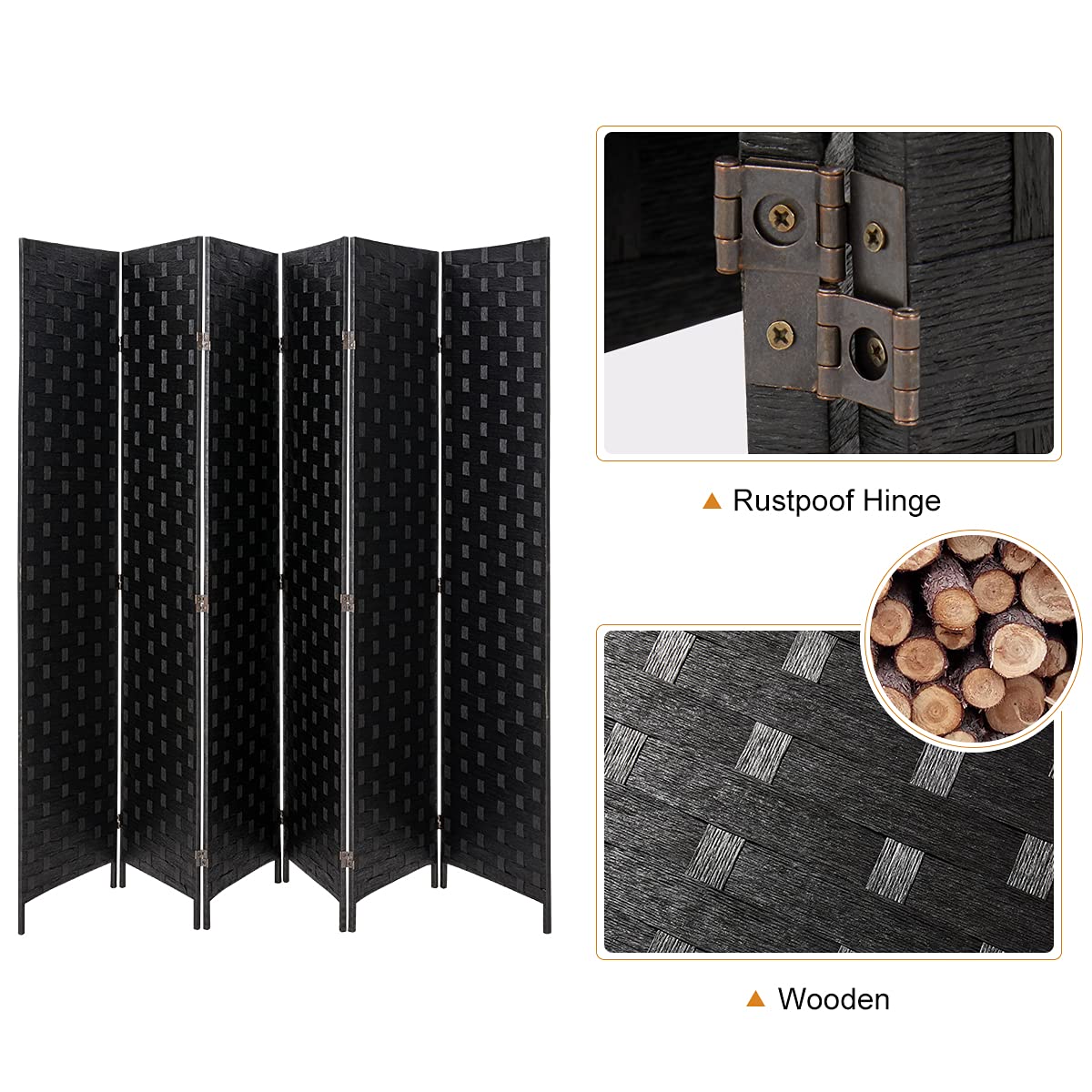 Esright 6 Panels Room Divider, 6 FT Tall Weave Fiber Room Divider