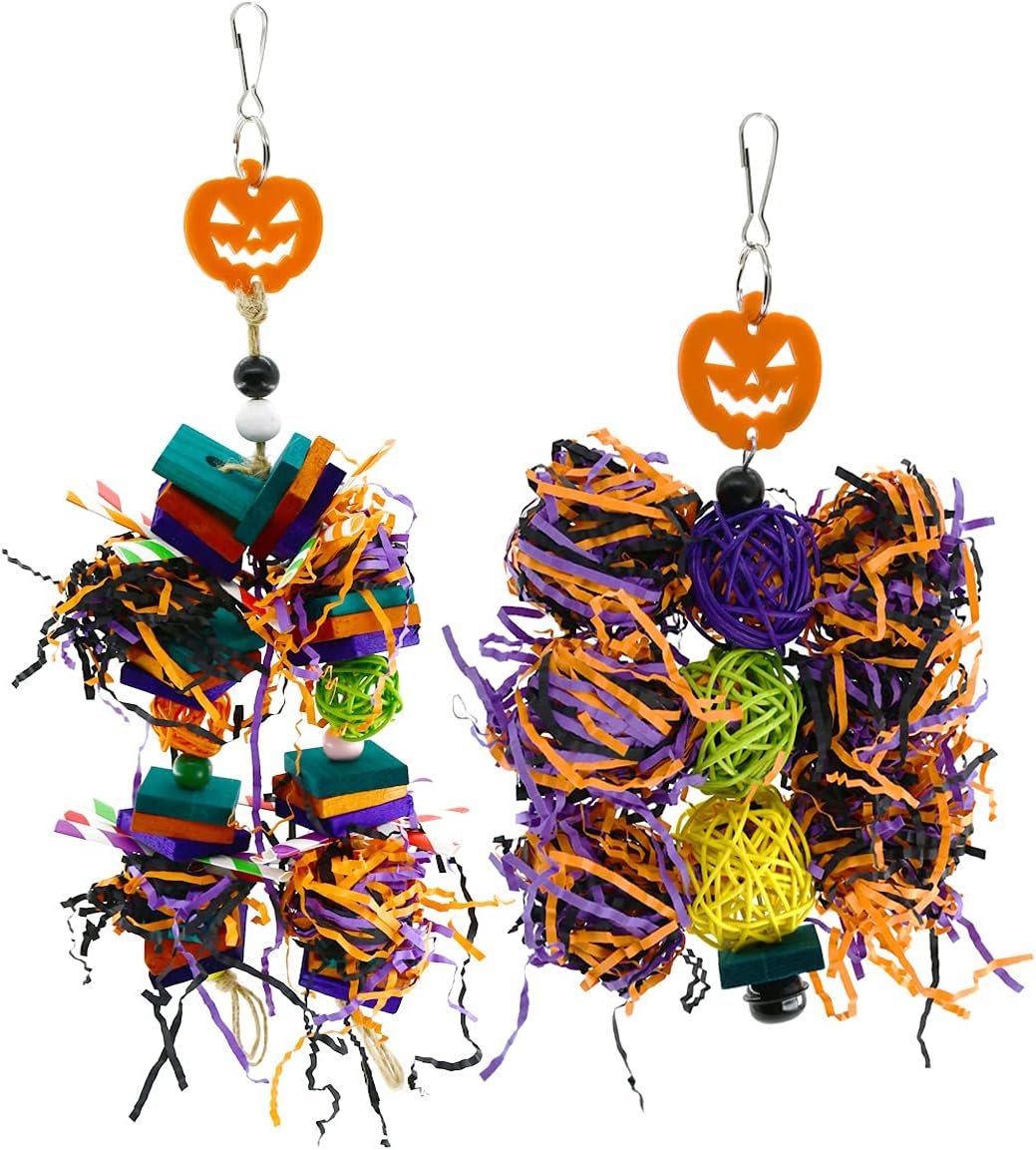 Vehomy 2Pcs Halloween Bird Chewing Toys Bird Shredder Toy Parrot Wood Block Foraging Toy Bird Cage Hanging Toys with Pumpkin Decor for Parakeets Cockatiels Conure African Grey Amazon