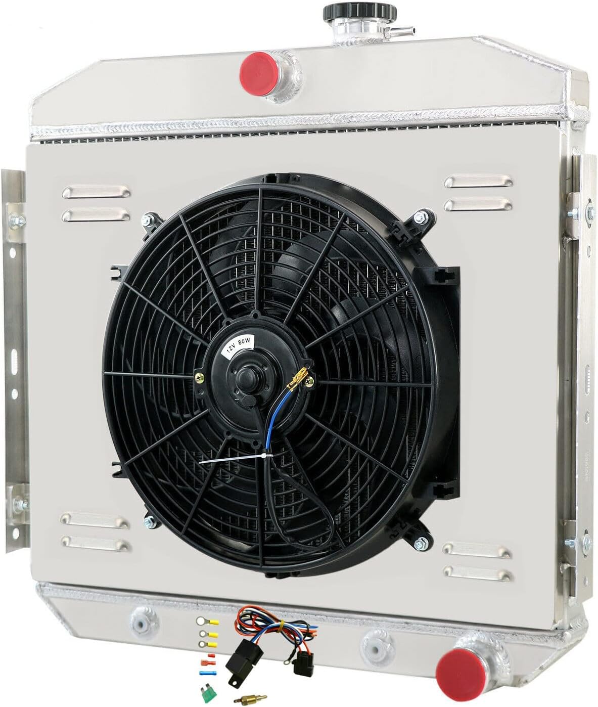 Aluminum Radiator for 1955-1957 56 Chevy Bel Air One-Fifty Two-Ten Series 3.8L 4.3L 4.6L L6 V8 GAS, All Aluminum Radiator Cooler (3 Row Radiator Shroud Fan Relay Kits)