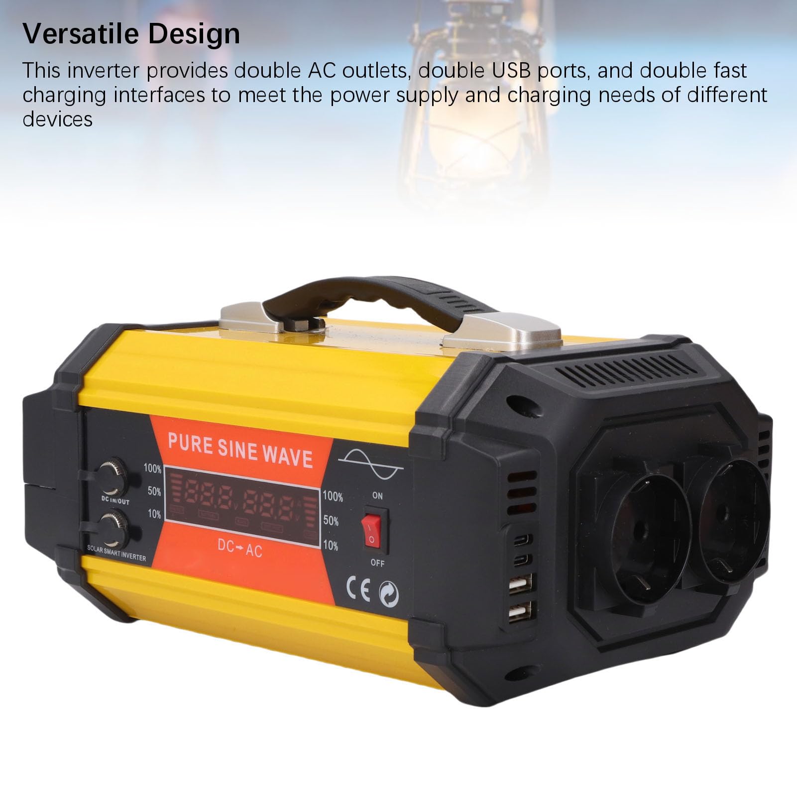Drfeify Przetwornica Mocy 500 W, Czysta Fala Sinusoidalna ABS Przetwornica 12 V do 220 V z Wyświetlaczem LCD, 2 Gniazda Prądu Przemiennego 2 Porty USB Interfejsy Szybkiego ładowania, do Podróży