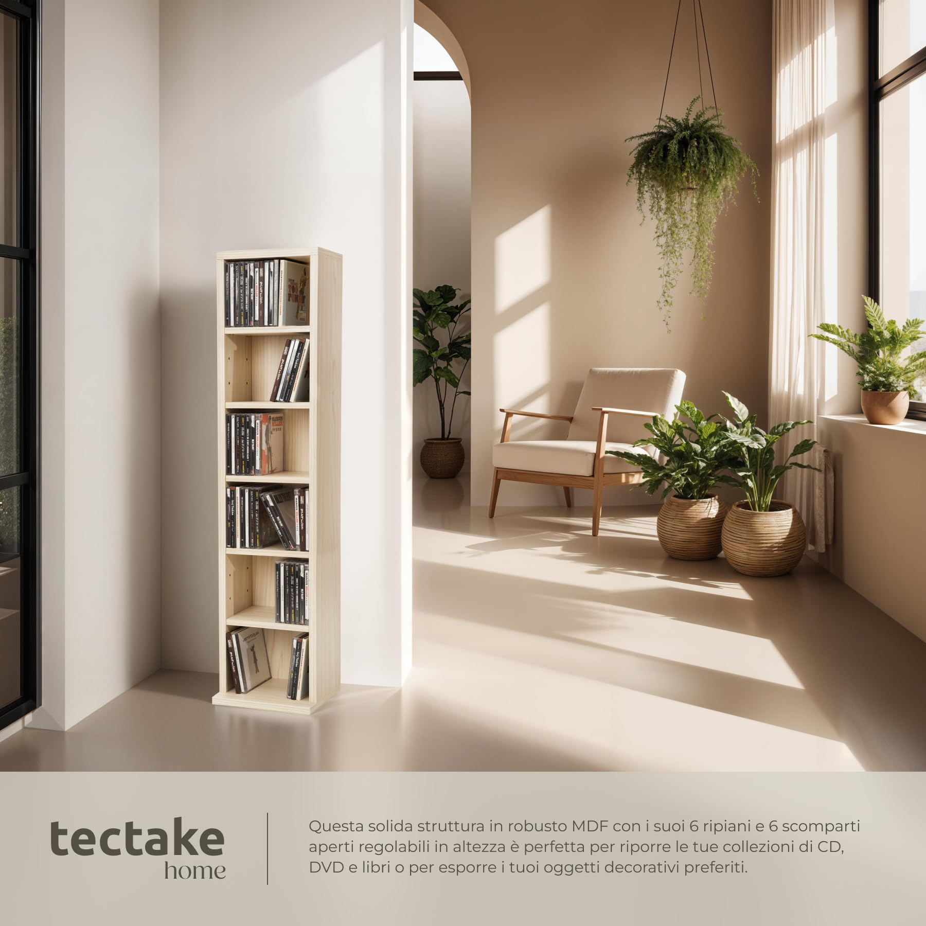 TecTake® Scaffale Porta CD DVD Archiviazione 102 CD, Supporto di Archiviazione, 6 Piani, Facile da Montare, Materiale MDF con Rivestimento Plastico, Dimensioni 90 x 21 x 20 cm, Peso 5,5 kg - Faggio