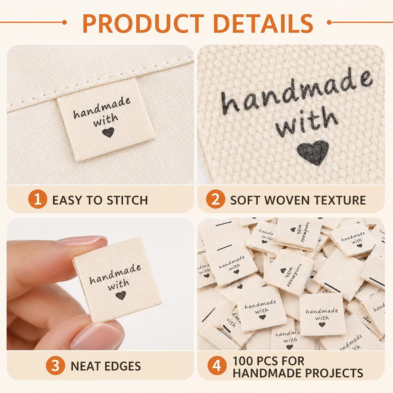 100 Pcs Sewing Labels for Handmade Items, Durable Fabric Sewing Labels with Handmade with Love Embossed Tags Sew on Clothing, Ideal for Crochet, Knitting, Projects and DIY Crafts
