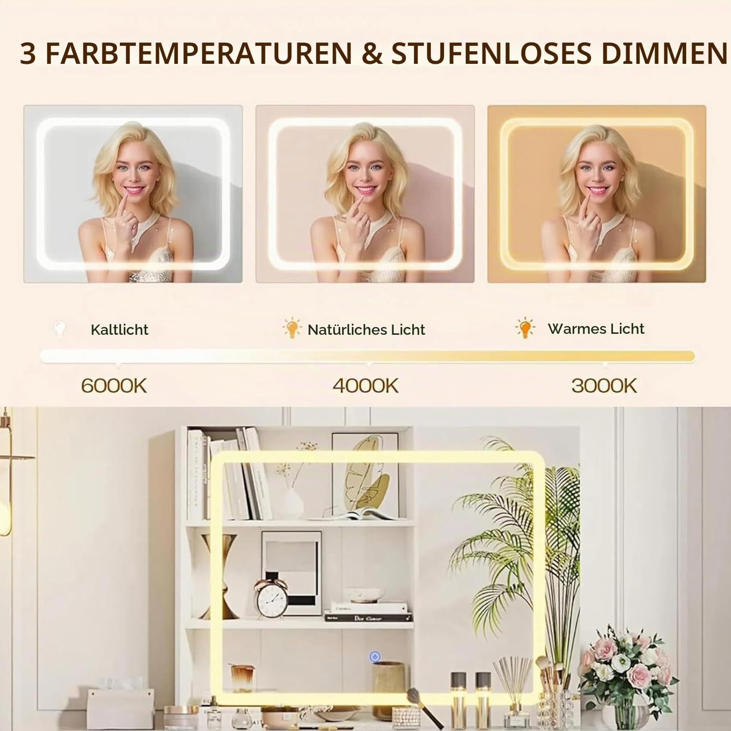 Schminktisch mit LED Beleuchtung, Hochglanz, 7 Schubladen, Weiß | Hochwertiger Stuhl mit Soft Pad, Für Schlafzimmer, Wohnzimmer, Friseur, Umkleidezimmer