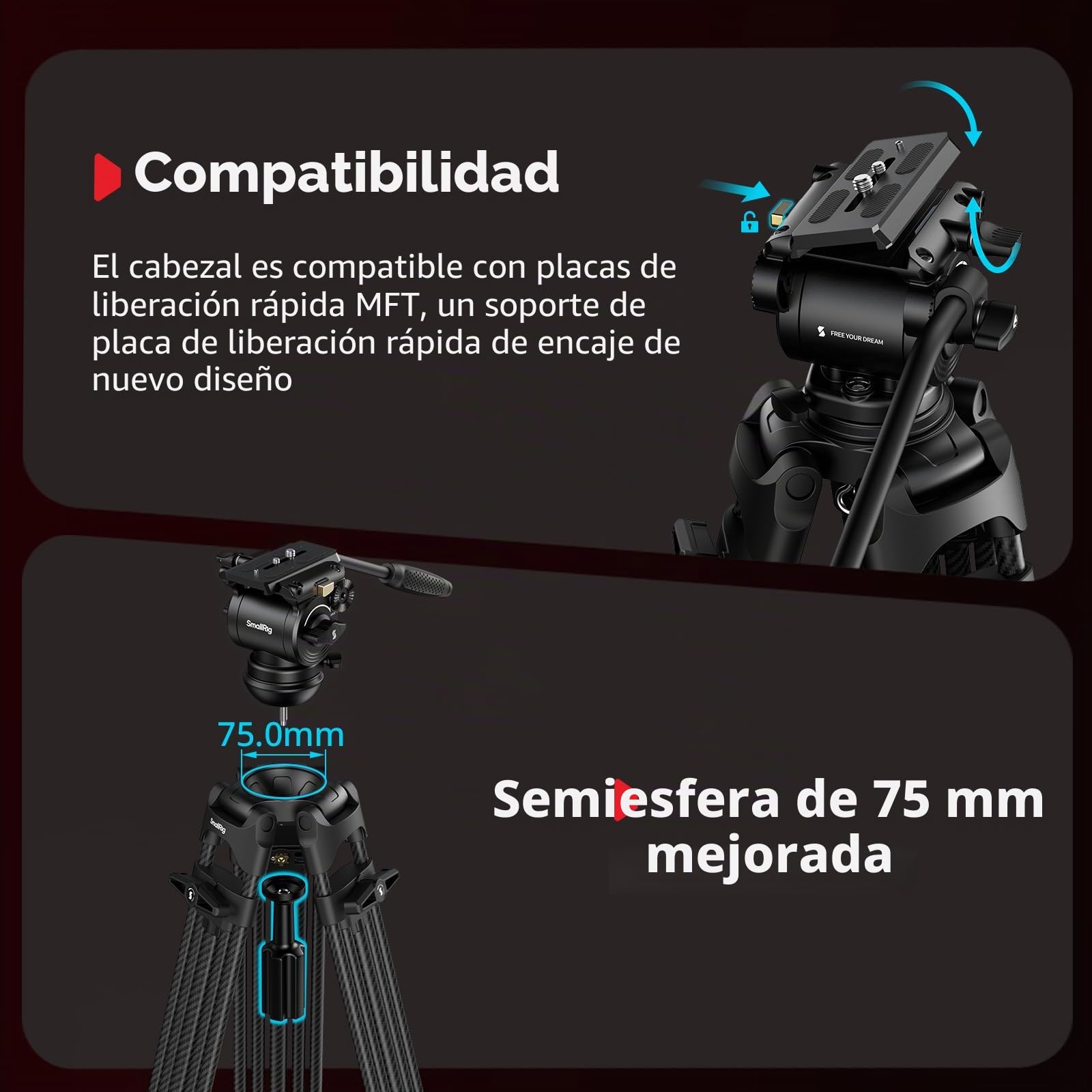 SMALLRIG Trípode de Fibra de Carbono FreeSpeed, 75" con Cabeza Fluida para Placa Manfrotto, Extensión Rápida, Carga 22 LB, para DSLR y Cámaras de Video - 5443