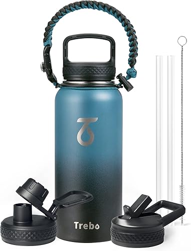Miniatura 28 de Trebo Botella de Agua de 24 oz Aislada con Tapa y Pajita, Termo de Acero Inoxidable de Doble Pared al Vacío con Mango de Paracord, Frasco Deportivo