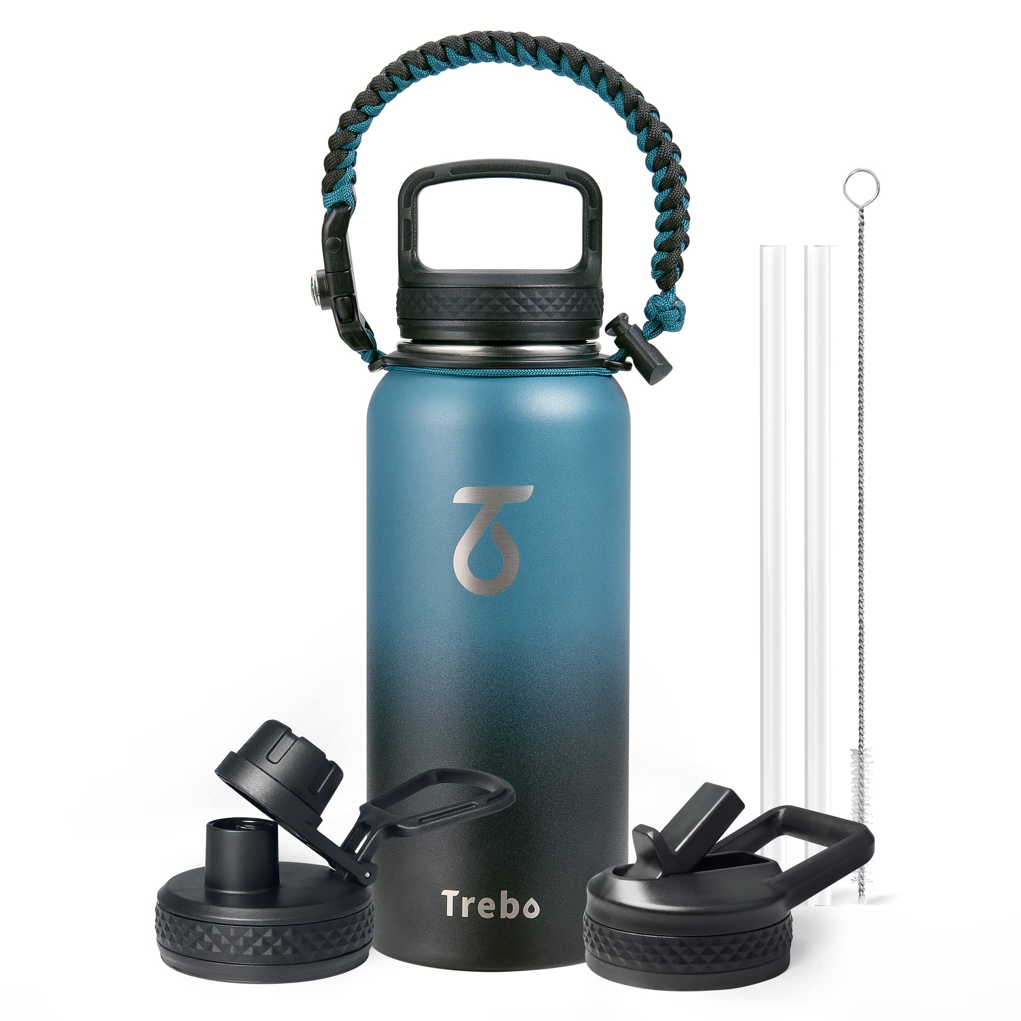 TreboInsulated Water Bottle 1L, Metal Bottle with Paracord Handle Double Wall Stainless Steel Water Bottle 1L Sports Bottle Keep Cold 48 Hours Wide Mouth Water Bottle with 3 Lids, Indigo Black