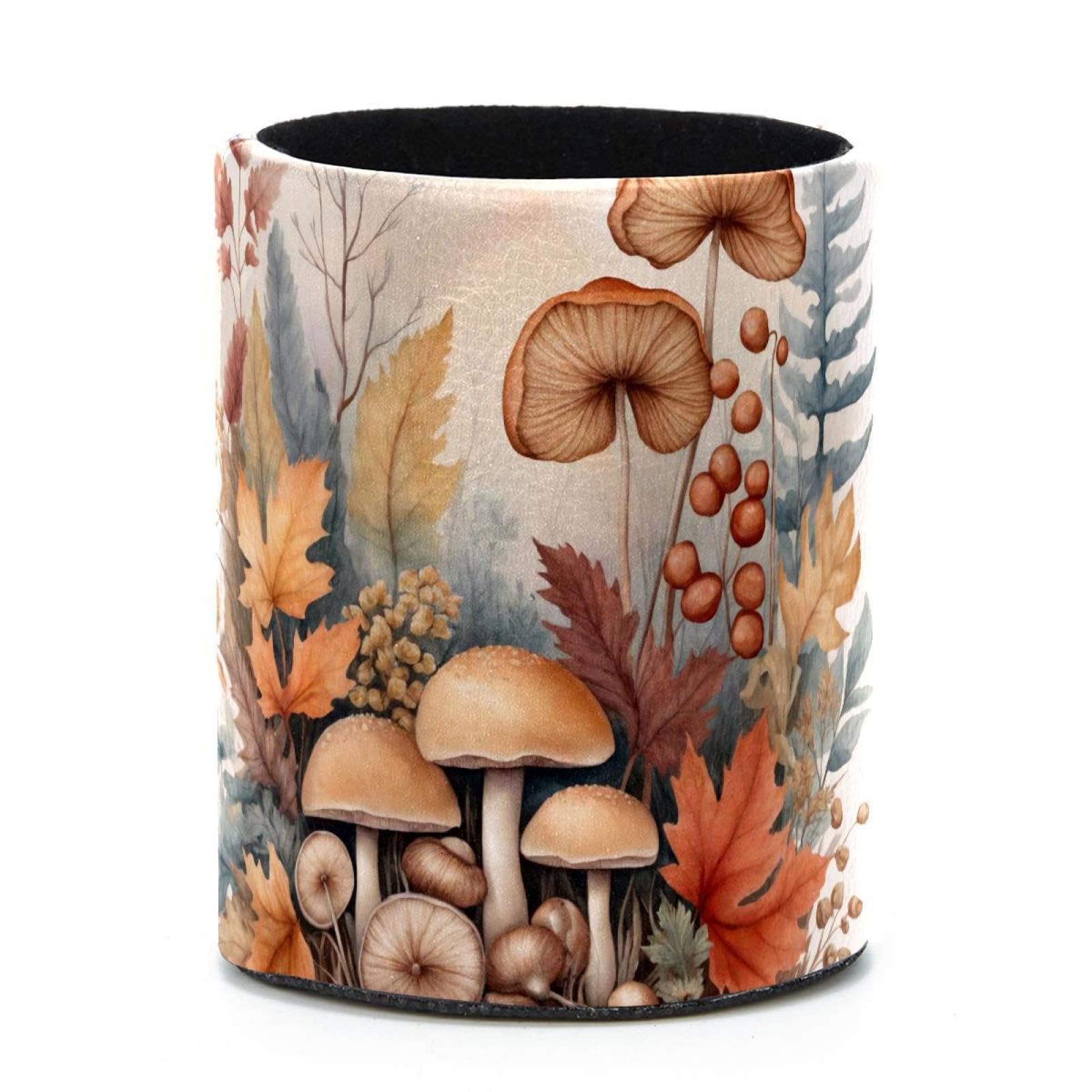 VAPOKF Round Pencil Holders for Desk, Watercolor Herbs Leaves and Mushrooms Pen Holders Pen Pot Makeup Brushes Storage Desktop Stationery Supplies Organiser for Home Office