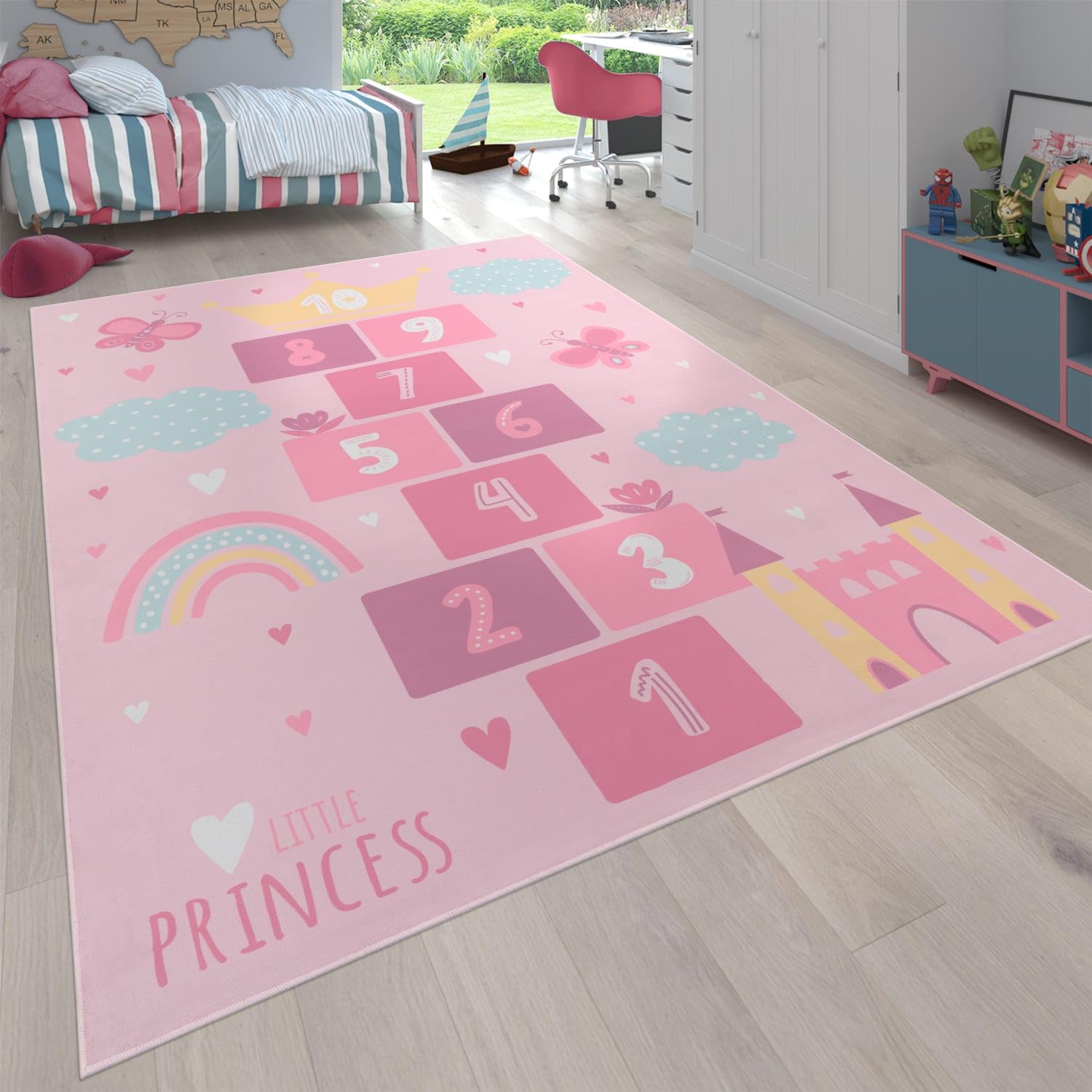 Kinderteppich waschmaschinenwaschbar Prinzessinnen‑Hüpfkästchen‑Muster Kinderzimmer schmutzabweisend Pink Rechteckig 140x200 100% Polyester