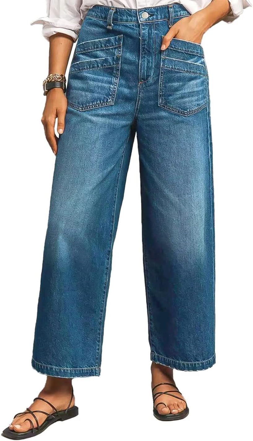 Flamingals Wide Straight Leg Jeans for Women Mid Rise Baggy Flap Pocket Raw Hem Cropped Denim Jeans