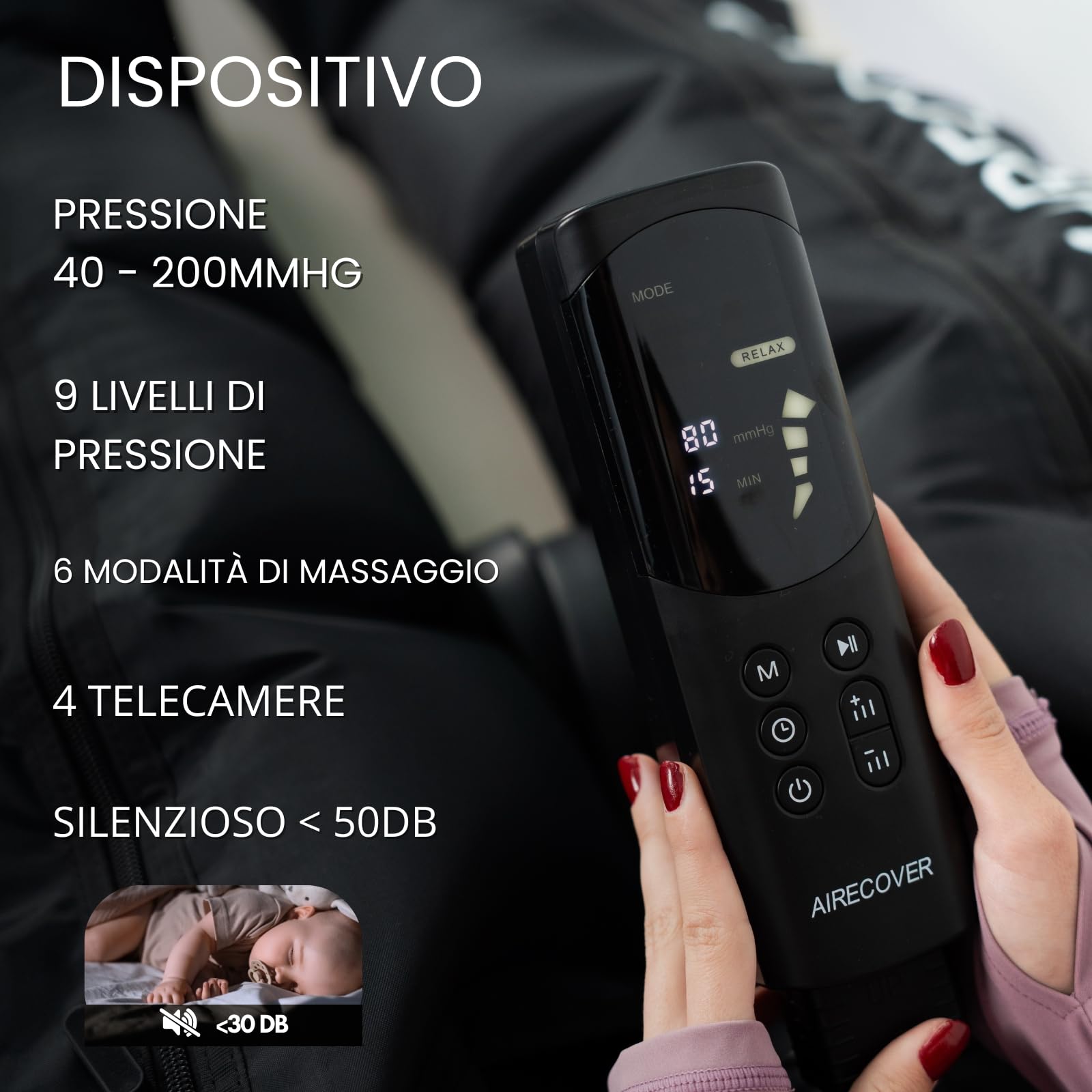 Pressoterapia Linfodrenaggio per Gambe e Piedi, Compressione d’Aria con 4 Camere, 6 Modalità, 9 Livelli di Pressione, 40–200 mmHg, Massaggio Compressivo per Relax e Gambe Stanche (S:155–169 cm)