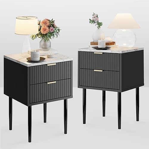 Anbuy Juego de 2 mesitas de noche de mármol negro con mango dorado, mesita de noche a rayas con cajones, mesa auxiliar con parte superior de mármol Anbuy Juego de 2 mesitas de noche de mármol negro con mango dorado, mesita de noche a rayas con cajones, mesa auxiliar con parte superior de mármol