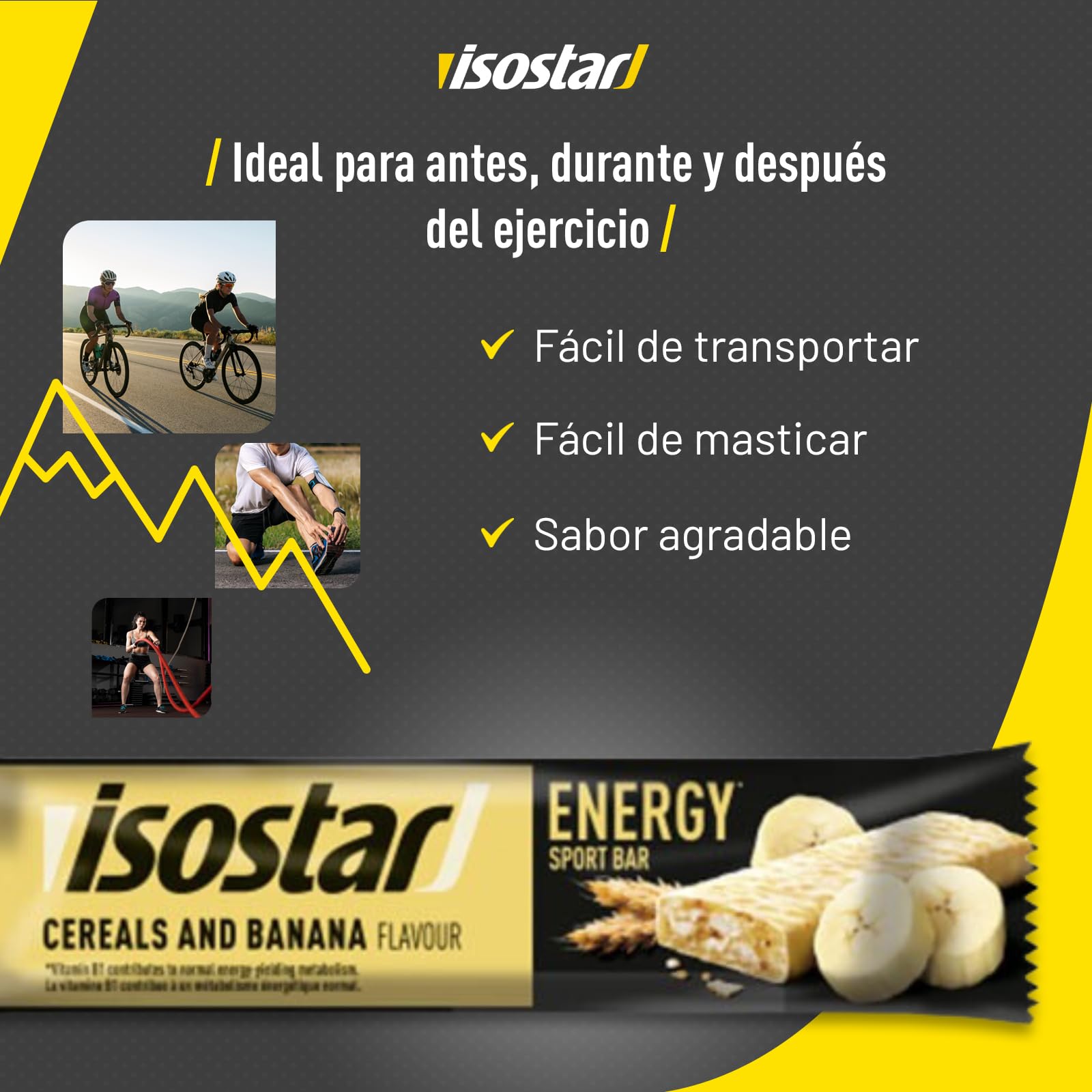 Isostar, Barritas Energy Sport con Niacina, Vitaminas B1, B2, C, E y B6. Ayudan a mantener el metabolismo energético normal y a reducir la fatiga. Sabor Banana, 3x40gr
